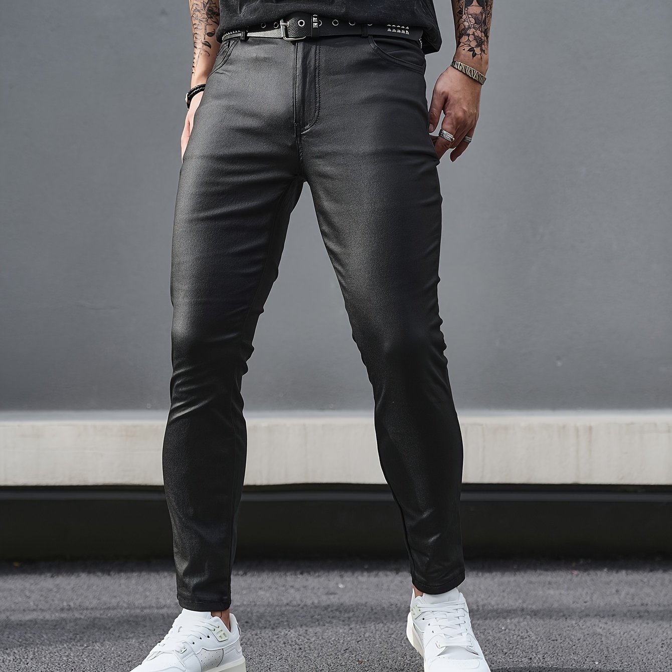 TEMU Men's Casual Skinny Pants, Chic Stretchy High Waist Trousers For Outdoor Activities