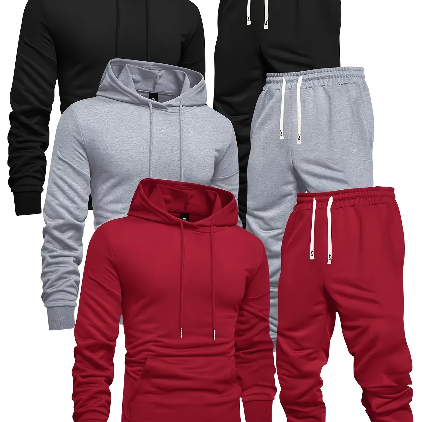 TEMU [ 6pcs Set ] Men's Casual Sports Hooded Sweatshirt Set, Long Sleeved Hooded Sweatshirt With Drawstring Pants, Regular Style, Knitted Fabric, Black, Red, Gray, 3 Set, Solid