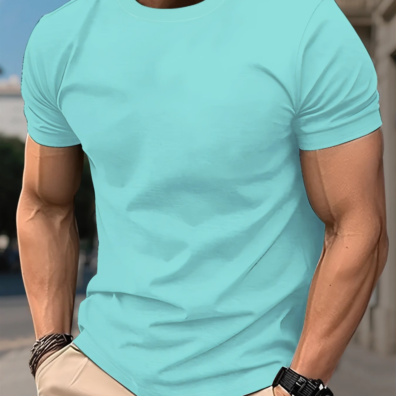 TEMU Men' Light Lake Blue Crew Neck Short Sleeve T-shirt, Sea Salt Cool Solid Color Basic Loose Fit Casual T-shirt, Stretchy Quick-drying Breathable
