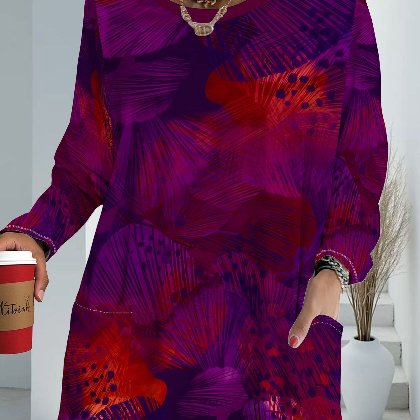 TEMU Women's Plus Size Purple Floral Print Loose Long Sleeve Top, Women's Fashion Casual Versatile Style