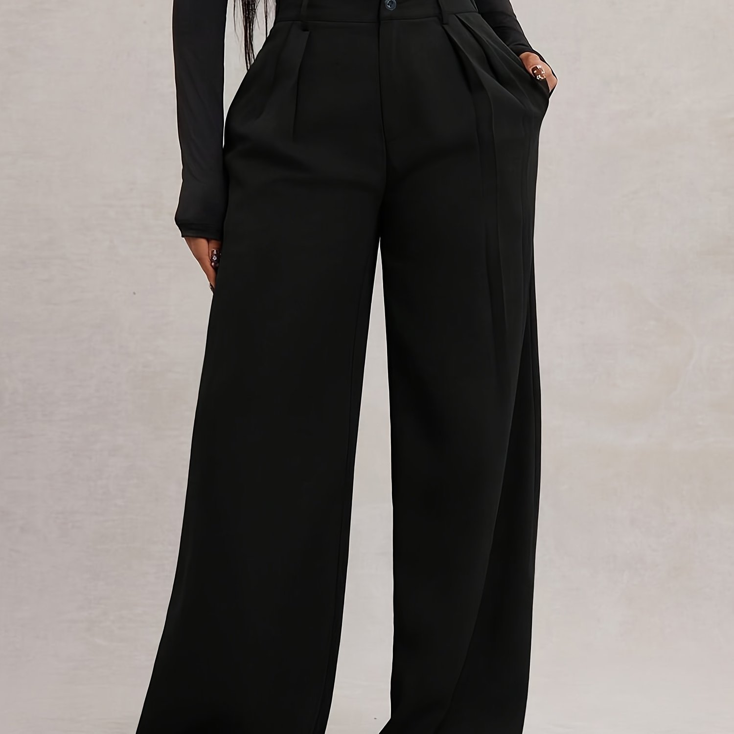 TEMU Plus Size, Women's Plus Size Elegant Wide-leg Trousers - Straight Leg Pants With Zipper Detail & Full-length Length, Beltless Solid Black