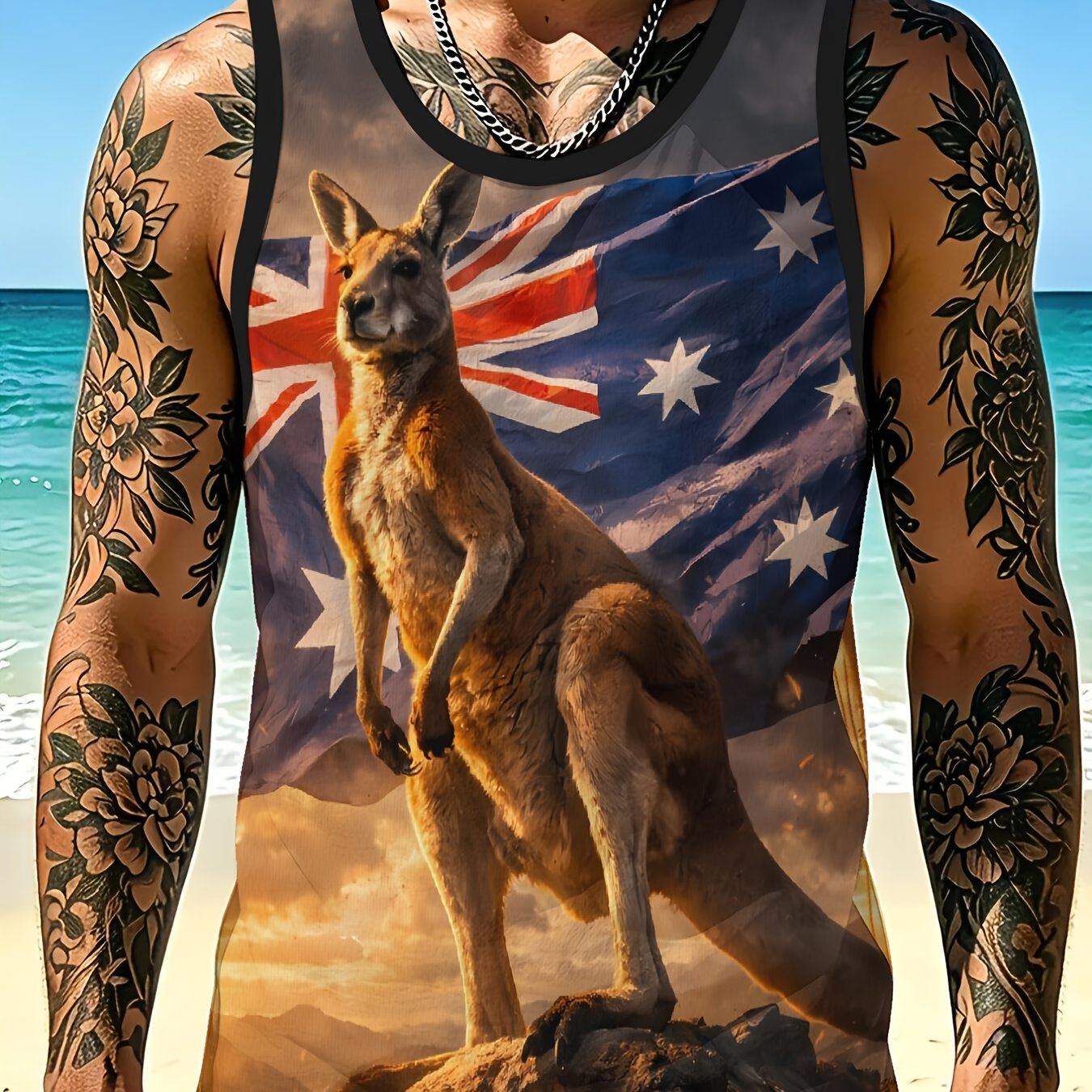 TEMU 1pc Men's Breathable Mesh Vest Australian Kangaroo Digital Printed, Breathable Sleeveless Top For Fitness And Running