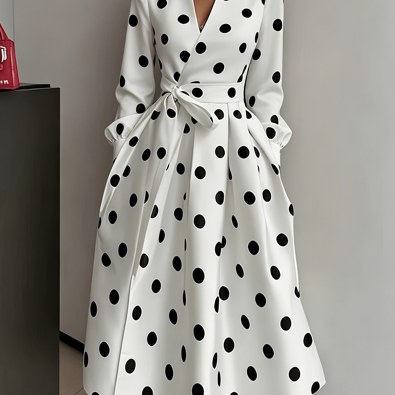 Image of Women's Autumn And V-neck Polka Dot Print Dress, Suitable For Daily Elegant Wear