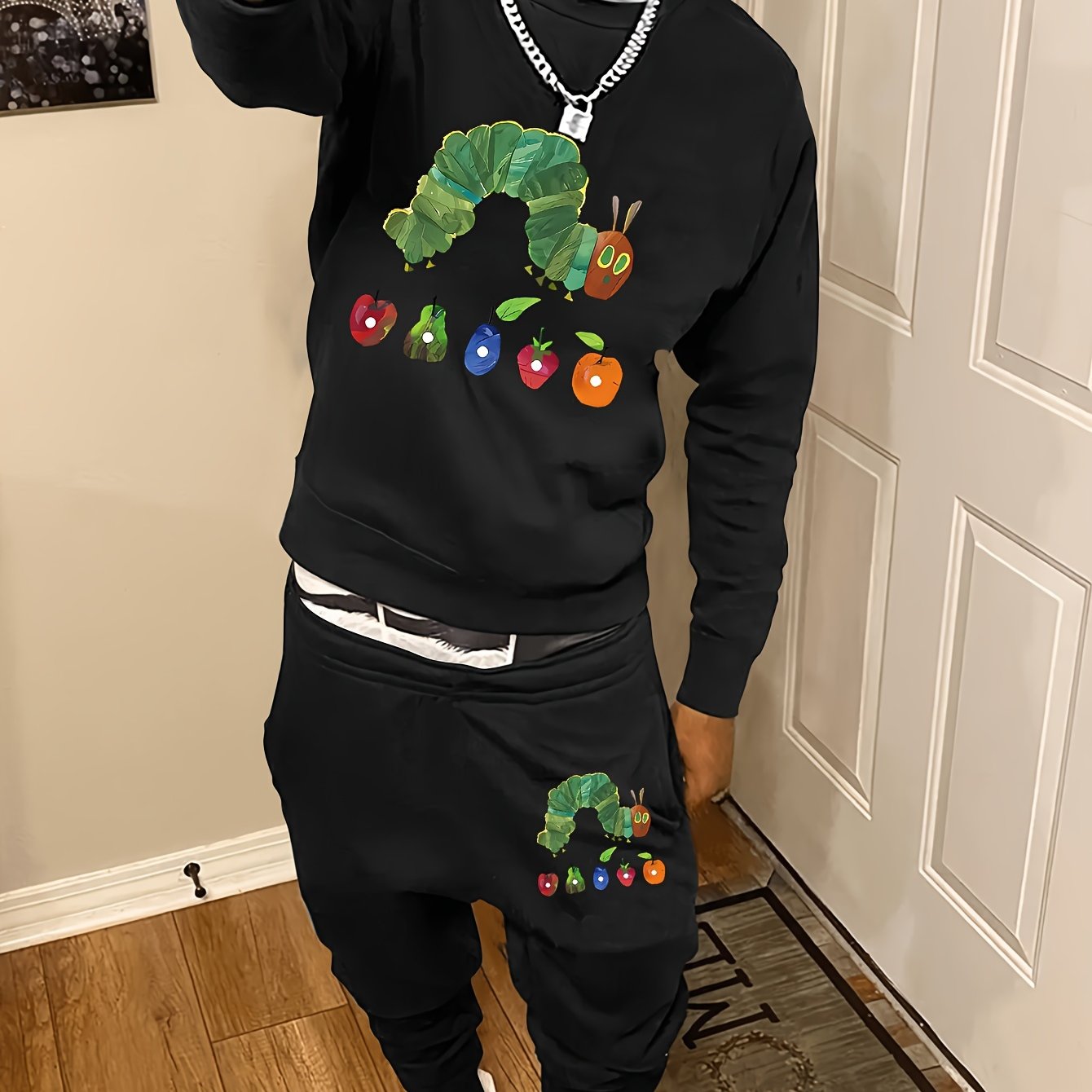 TEMU Men's Casual Sportswear Set - Cozy Polyester Blend Sweatshirt & Joggers With Unique Broccoli Print, Fall/winter