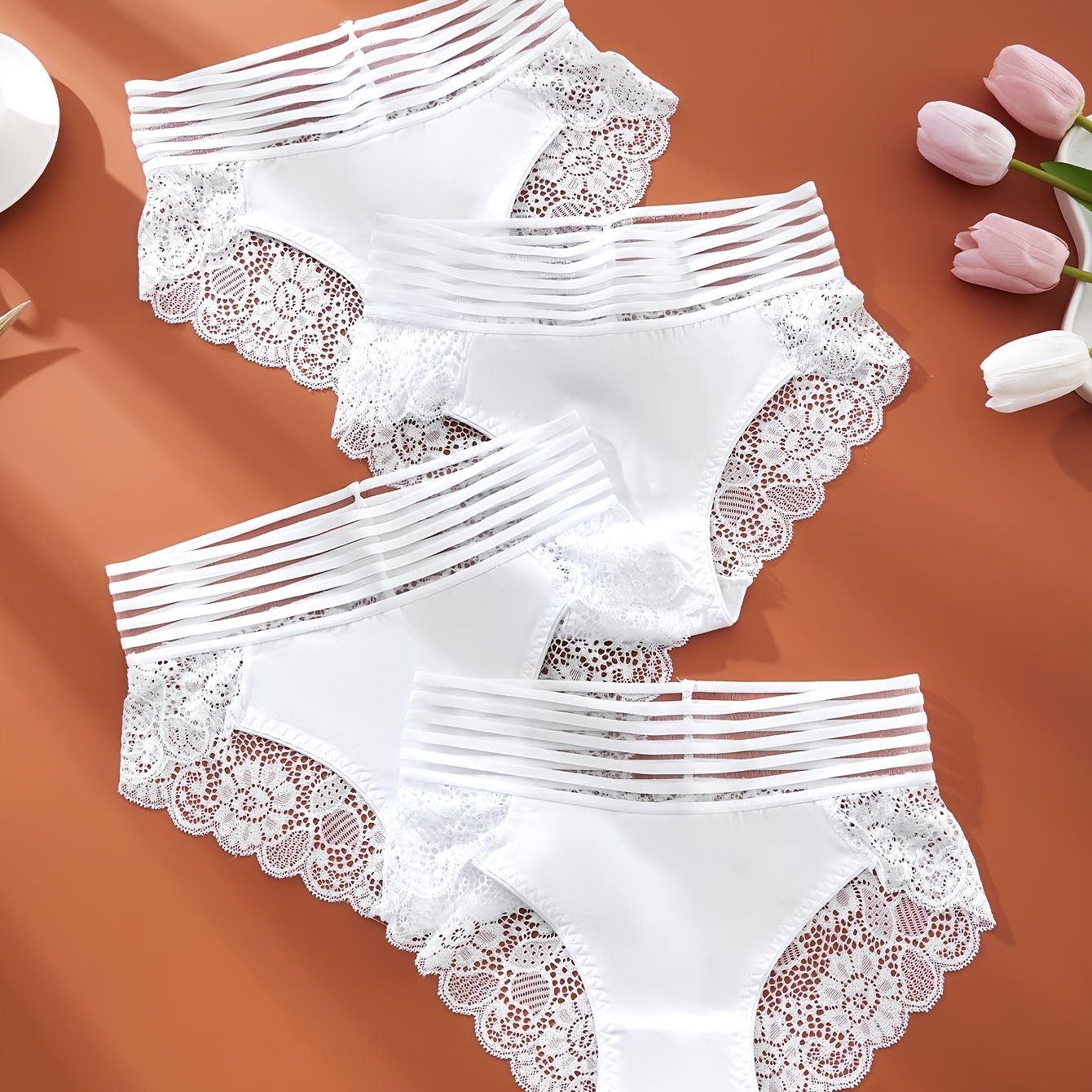 Image of 4pcs Women' Sheer Lace Underwear - Mid-waist Briefs With Semi-sheer Panels, Soft Breathable Panty Suitable For Casual Attire Or Special Occasions (lace Lingerie)