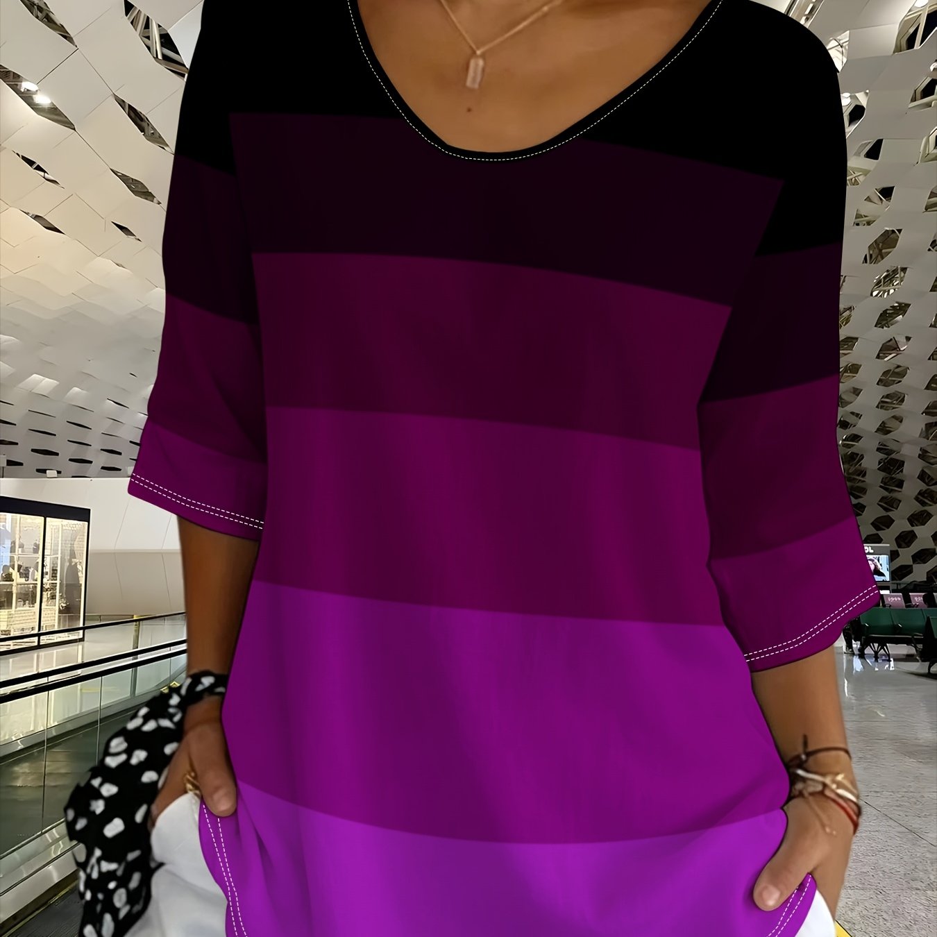 TEMU Plus Size, [printed Design - Not Textured] Women's Plus Size Top, Gradient Purple Curve Design, Soft Modern Abstract Style, Suitable For Daily