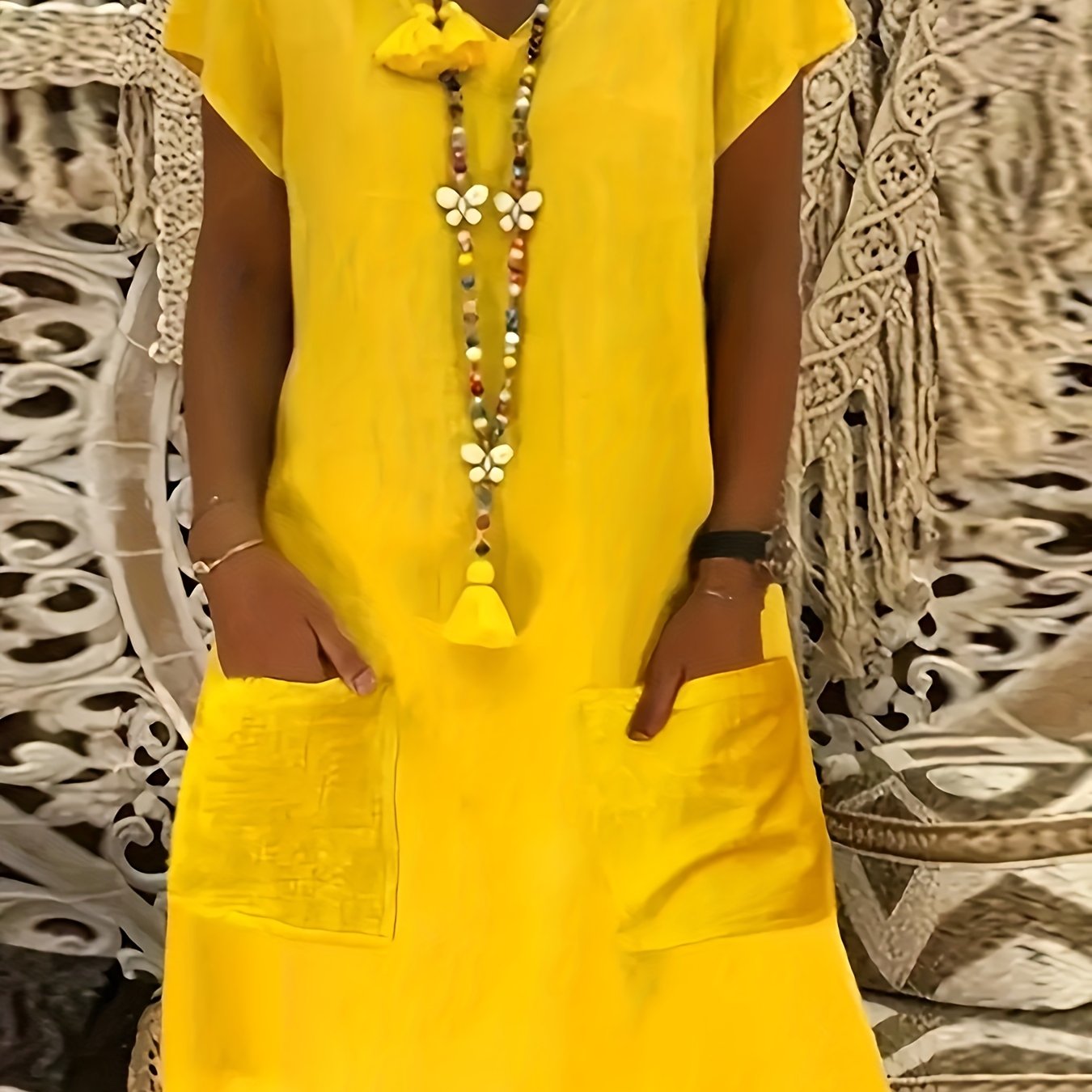 V-neck Short-sleeve Dress With A Loose T-shirt Style At
