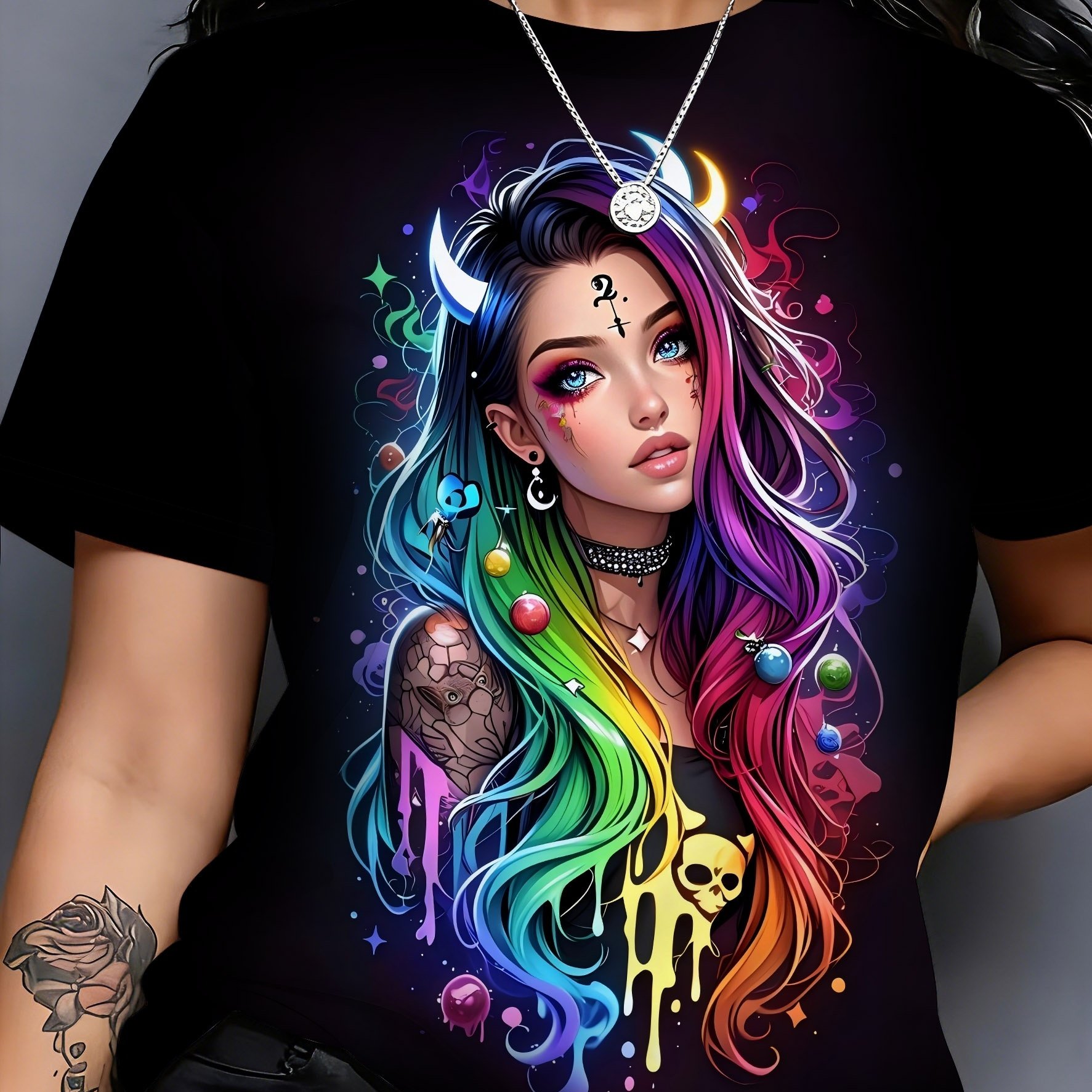 Image of Plus Size - Dark Gothic Rainbow Hair Demon, Trendy And Cool Short-sleeve T-shirt, Plus Size Women's Fashion Top, Women's Casual And Comfortable Tee, /summer Top