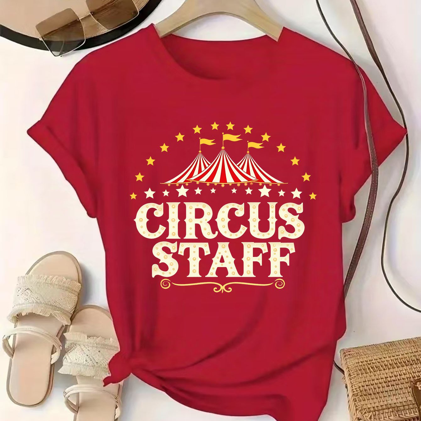 TEMU Women's Circus Staff Print Short-sleeve T-shirt - Soft Crew Neck Blouse-compatible Top | Machine Washable Casual Shirt Suitable For - Wear,