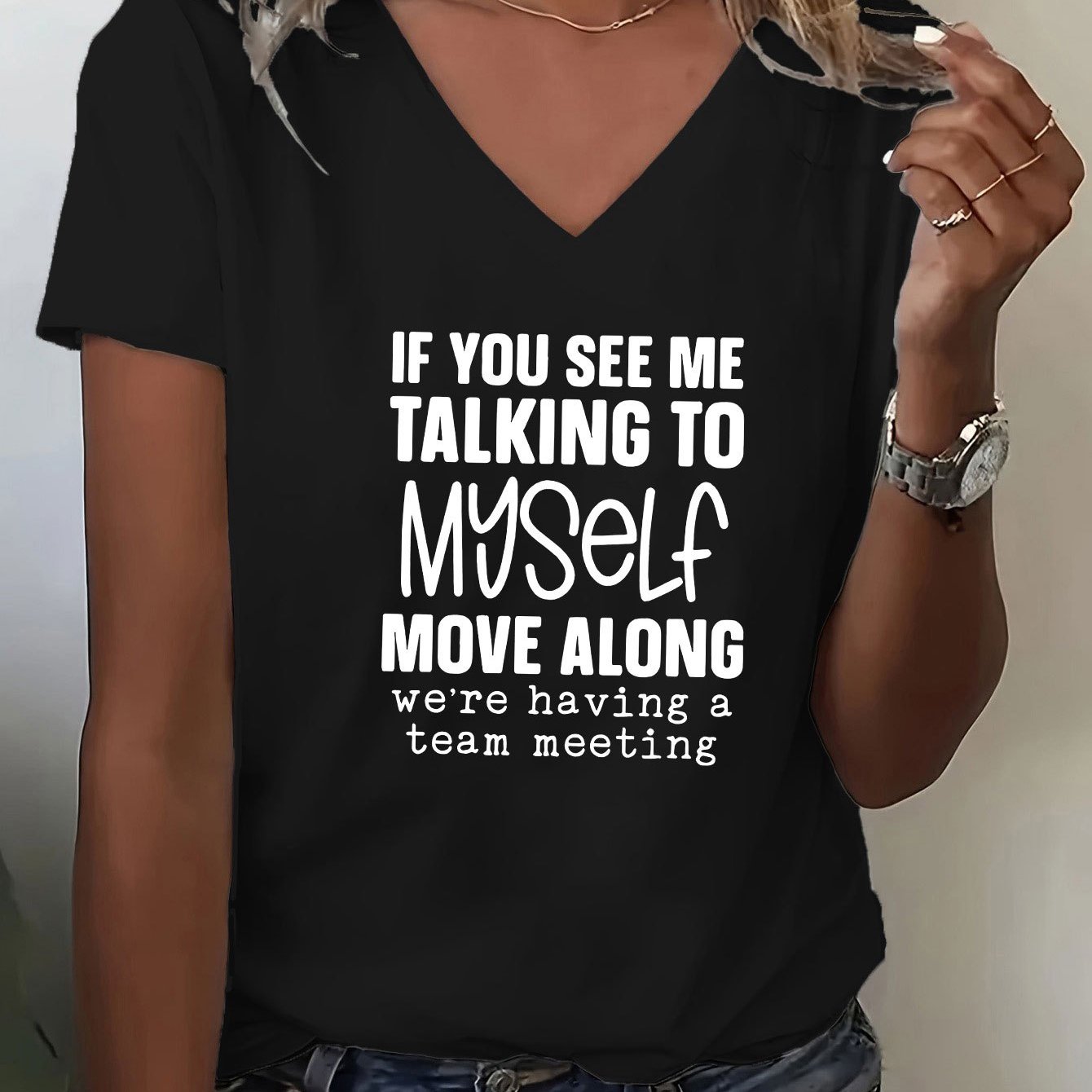 TEMU Women's Casual V-neck T-shirt With Funny " ..." Letter Print, Soft & Comfortable Short Sleeve Top For Summer, Casual Attire, Ladies T Shirt