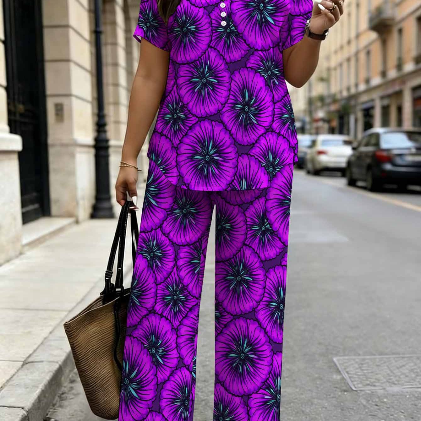 Image of Plus Size, Plus Size Women Fashion 2pcs Set. Purple Floral Print Pattern. Elegant Vibrant . Comfortable Chic Outfit. Suitable For Spring Summer Autumn.