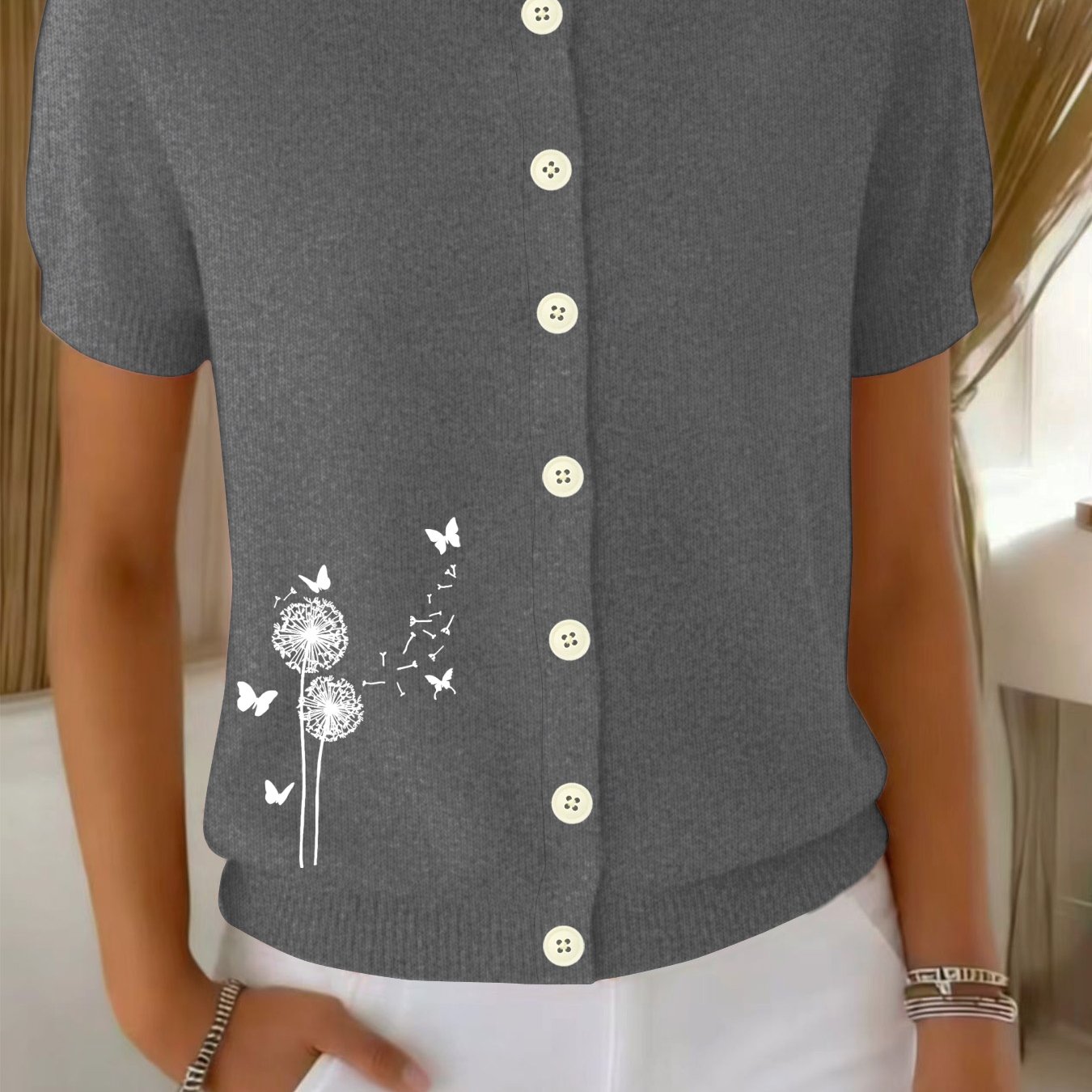 TEMU 2d Creative Print Women's Casual Short Sleeve Cardigan - Designer Round Neck Open Front Sweater, Stretch Comfortable Texture Top, Soft Texture,