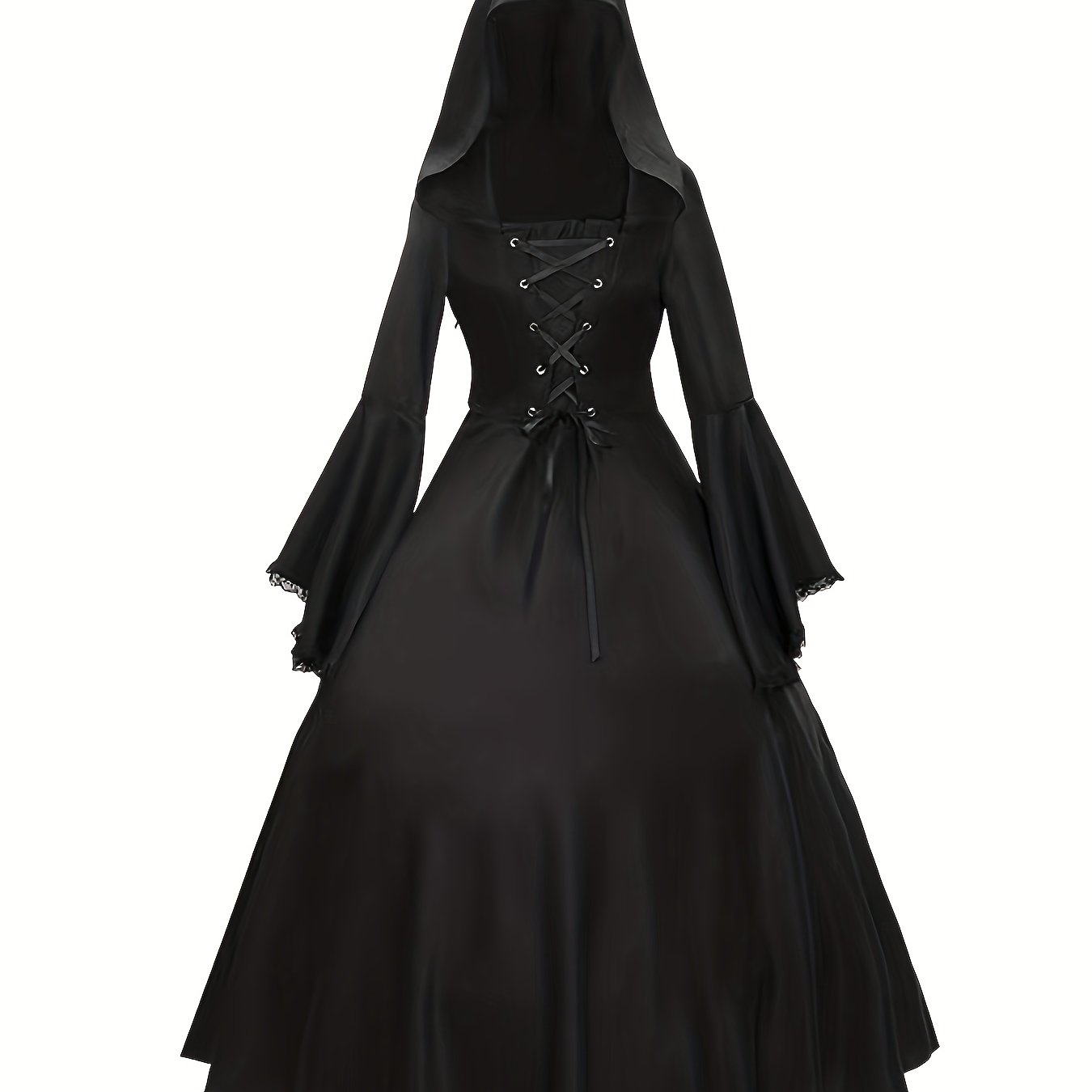 TEMU Robe longue de cosplay de sorcière gothique d'Halloween pour femmes, robe médiévale vintage, ceinture évasée, manches à clochettes en dentelle,