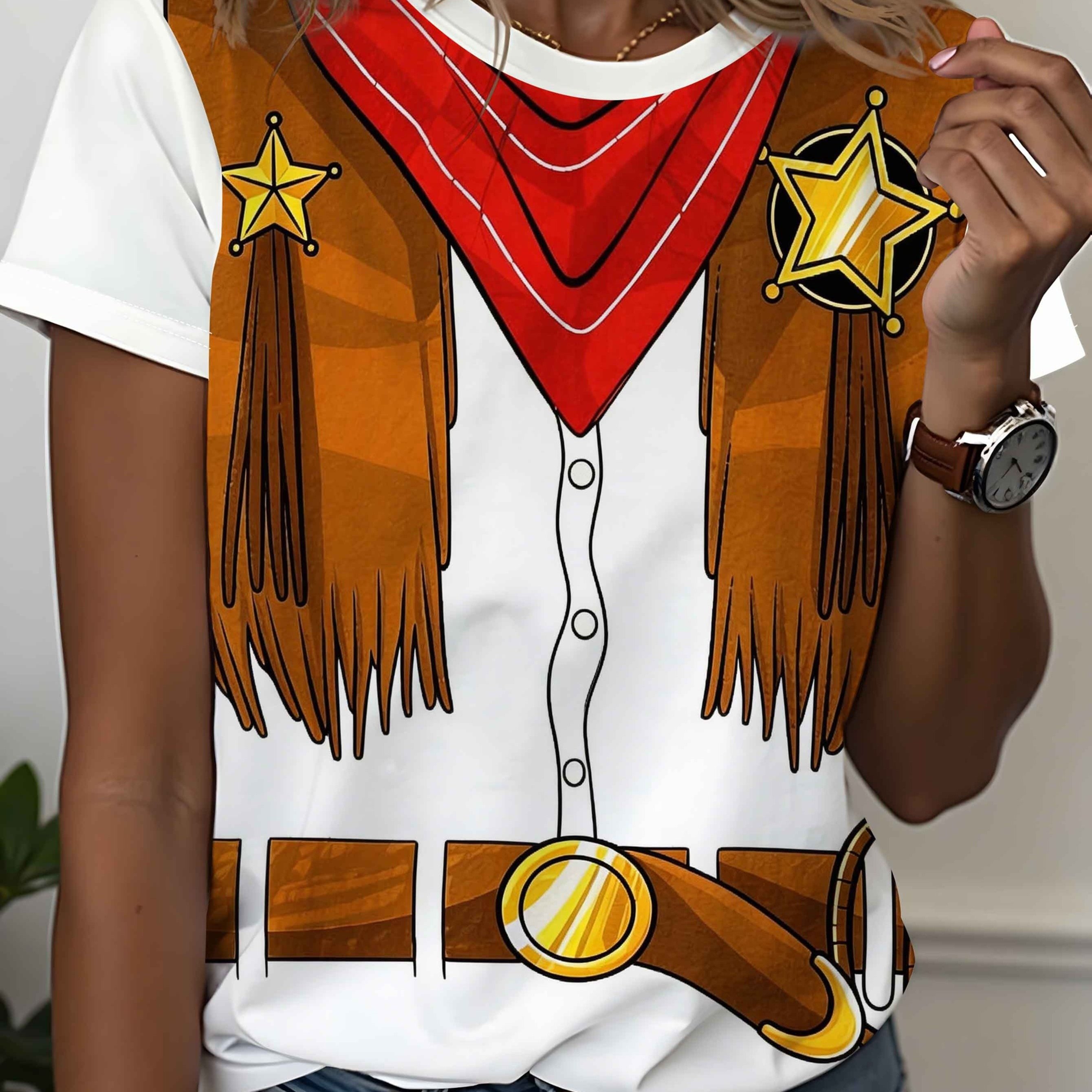TEMU Printed Women's T-shirt With Western Cowboy Style Design. Fashionable Street-style Short-sleeve T-shirt. Comfortable Summer Fabric. Perfect For