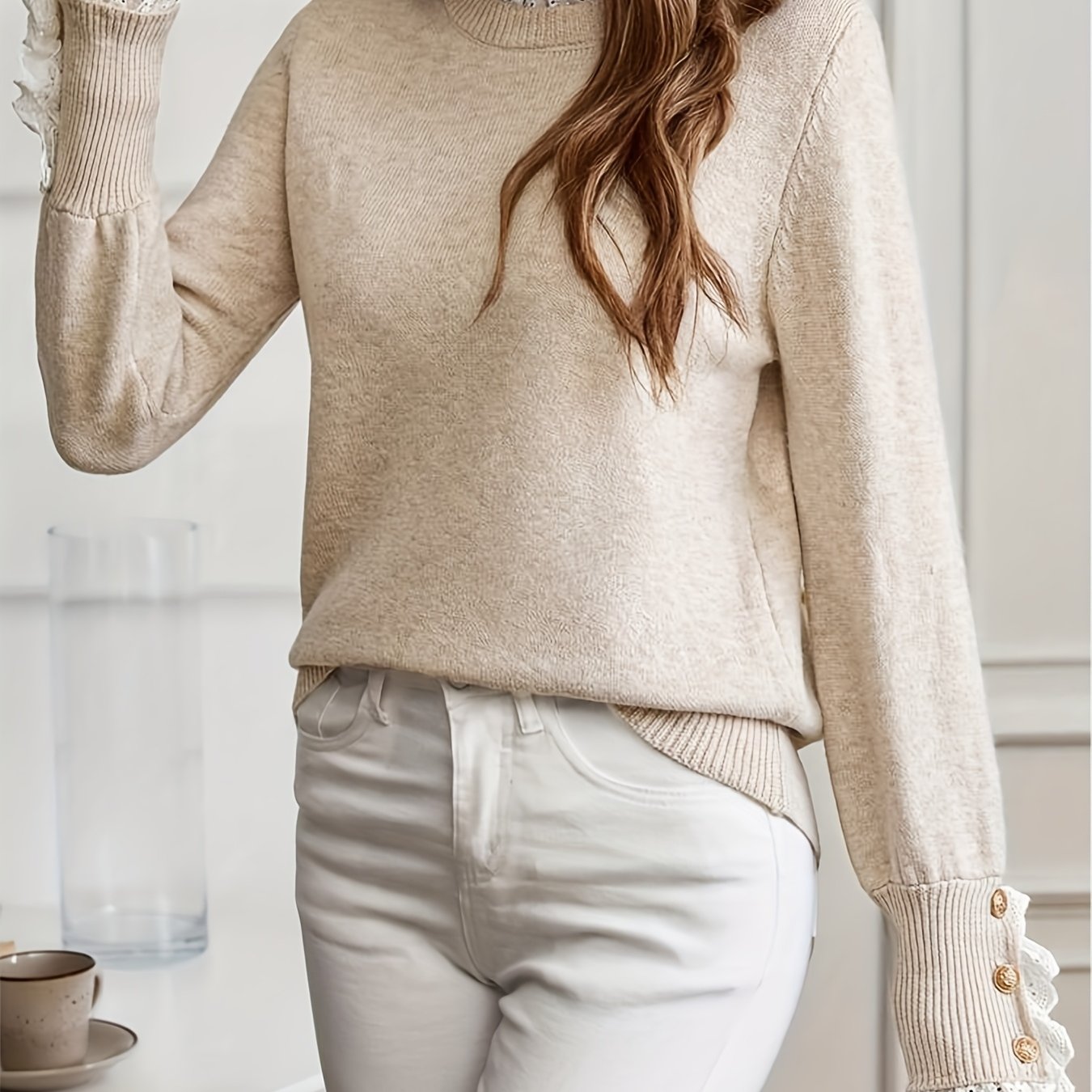 Image of Vika Fashion Autumn Winter Women's Lace Trim Round Neck Long Sleeve Sweater