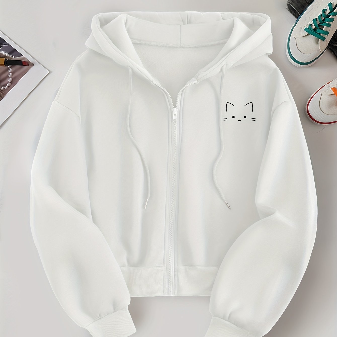 TEMU D139 - A Women's Short Hooded Sweatshirt, Trendy Creative Lines, Easy And Cute Cat Pattern Chest Print, Loose Autumn And Winter New Versatile