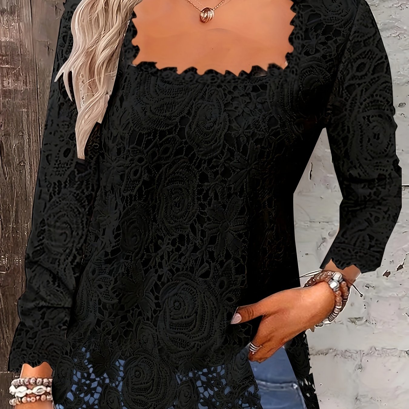 Floral Lace Square Neck Blouse, Vintage Long Sleeve Blouse For Spring &  Fall, Women's Clothing