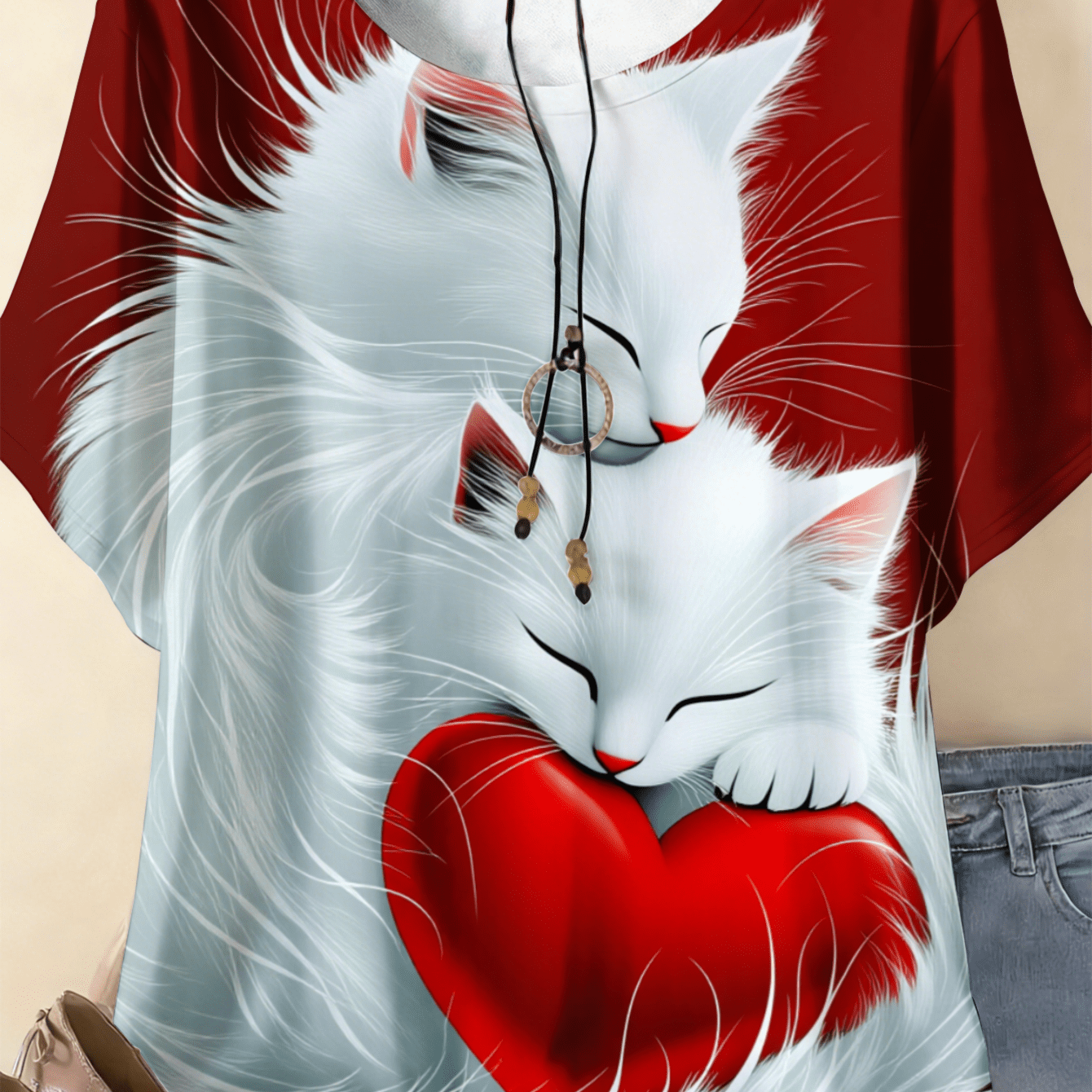 Image of Plus Size - 0-9xl Plus Size Hugging Red Heart Women's Summer T-shirt Apparel Outdoor Suitable For Spring, Summer, And Autumn