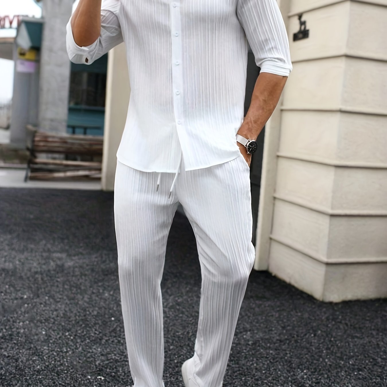 TEMU Men' Color Spring/summer Casual Monk-tie Short Sleeve Shirts And Pants Set