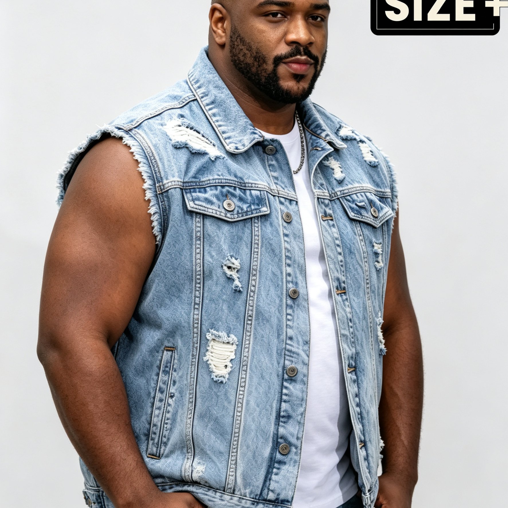 Image of [allsro] Plus Size Men's Sleeveless Denim Vest For Summer Autumn, 3d , Wash With Ripped Frayed Edges, Machine Washable Fabric, Button Closure, Versatile Oversized Waistcoat For Casual Camping