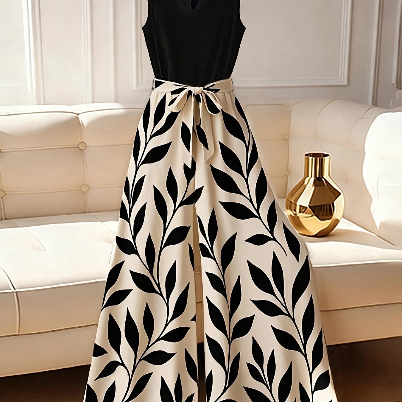 TEMU Women's Summer Clothing, Solid Color Vest Top And Printed Straight-leg Long Pants Jumpsuit With Belt, Invisible Back Zipper, Elegant Party Wear
