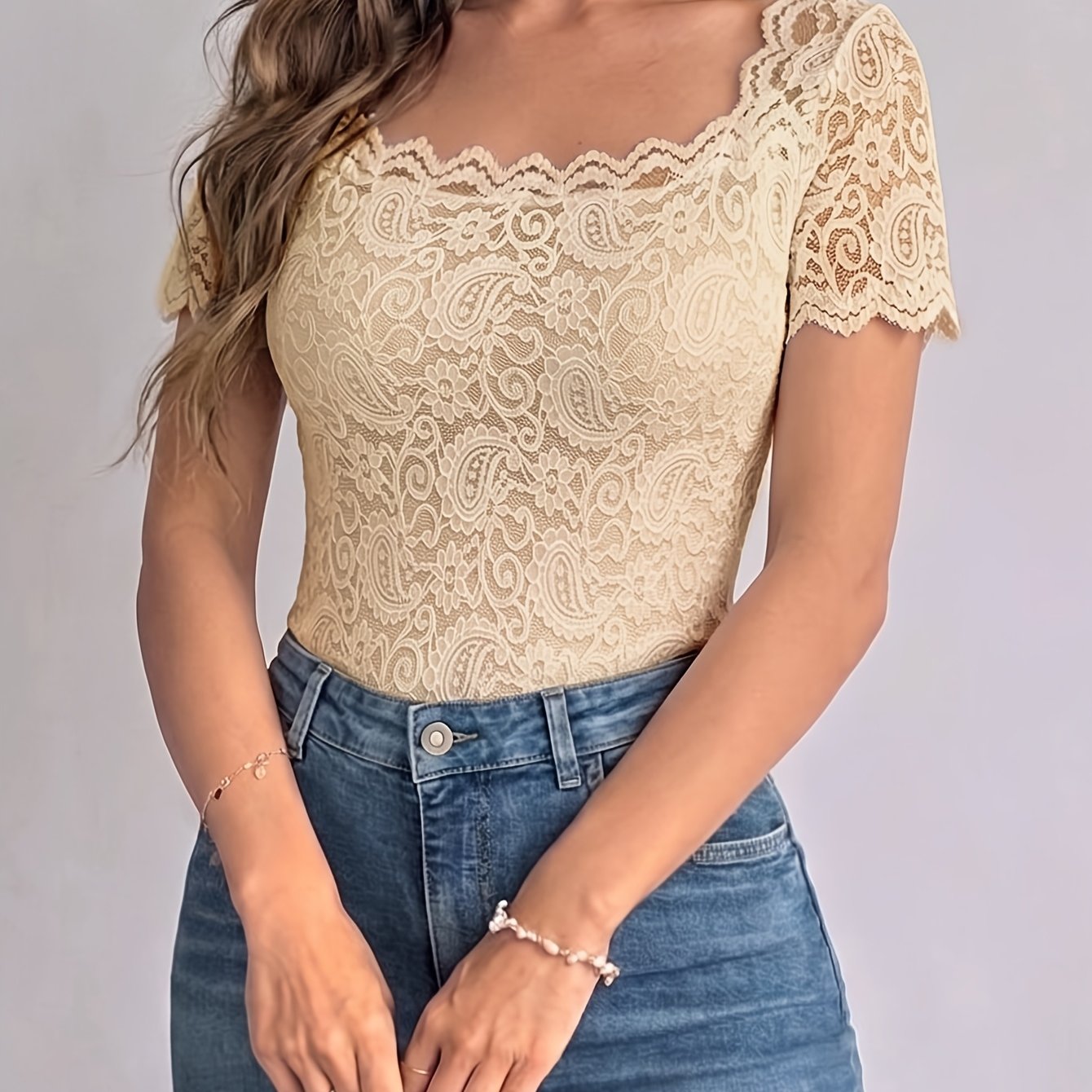 TEMU Haut d'été élégant pour femme, manches courtes, en dentelle, tenue d'été pour des mères