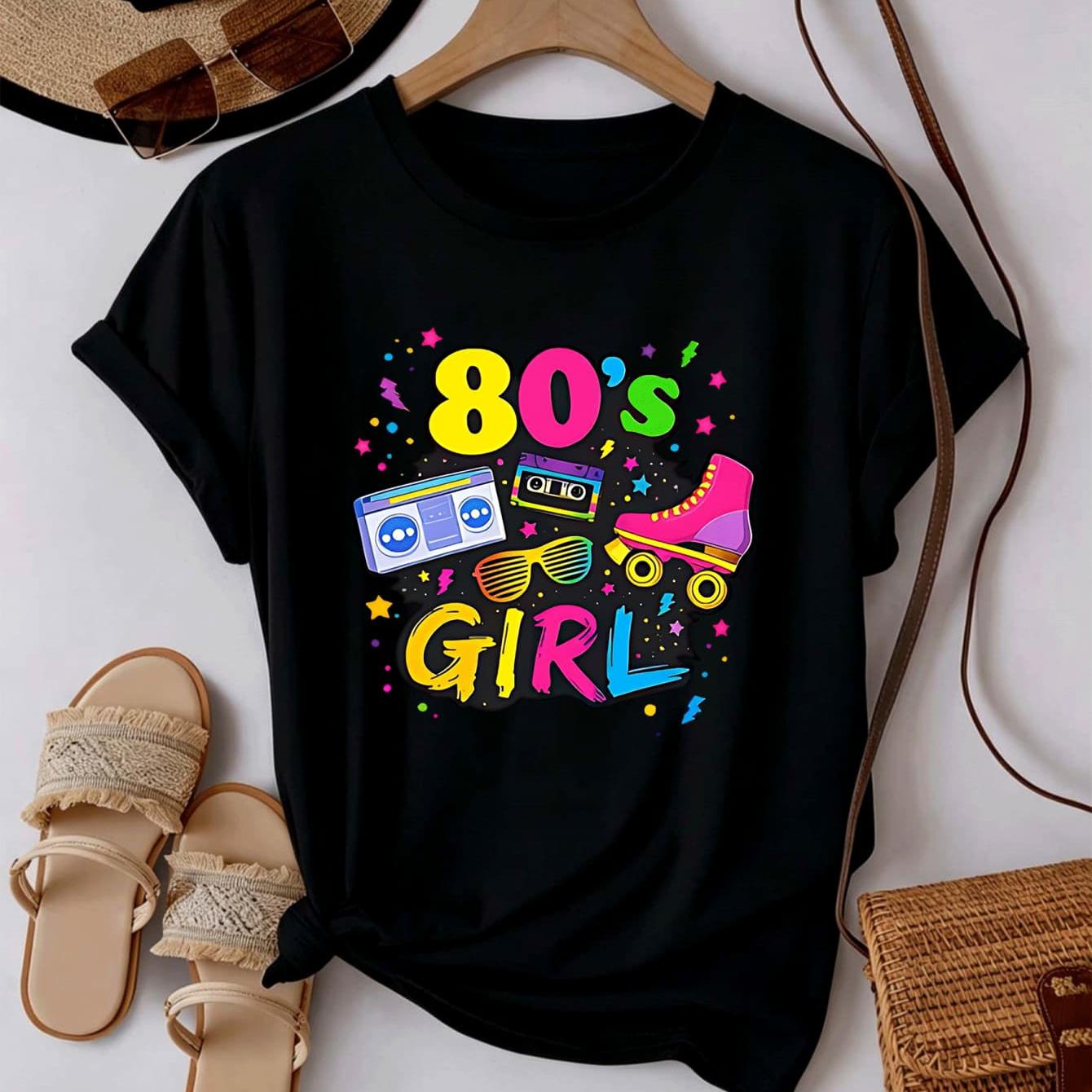 TEMU 80s Themed Retro Women's T-shirt, American Nostalgic Neon Top, Trendy Short-sleeved Shirt With Tape, Radio And Roller Skating Elements, And