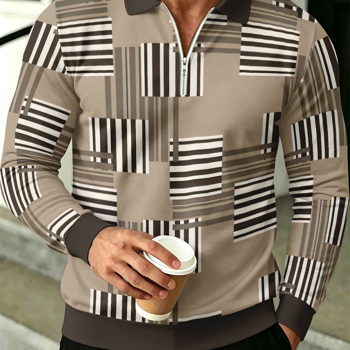 TEMU Men's Business Collar Half-zip Shirt, American Contrast Trendy Style Casual Long Sleeve Top, Fashionable