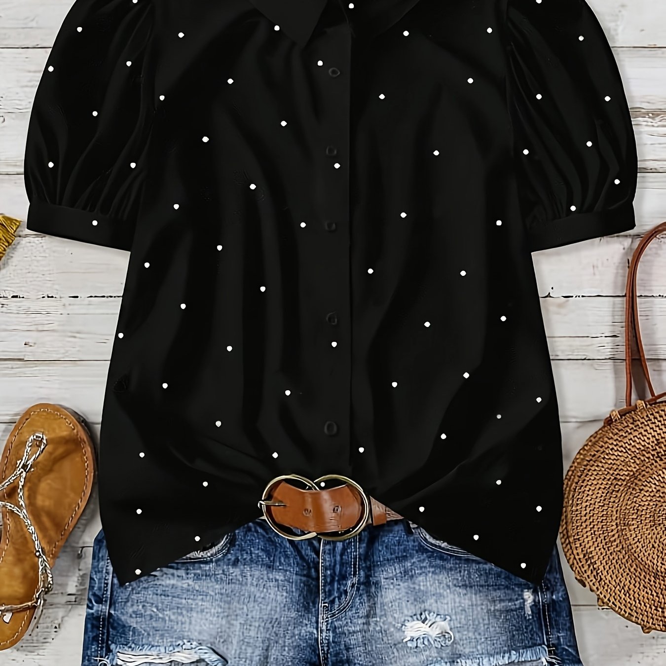 TEMU Women's Summer Polka Dot Print Top, Casual Vacation Puff Sleeve Shirt, Women's Slim Fashion T-shirt