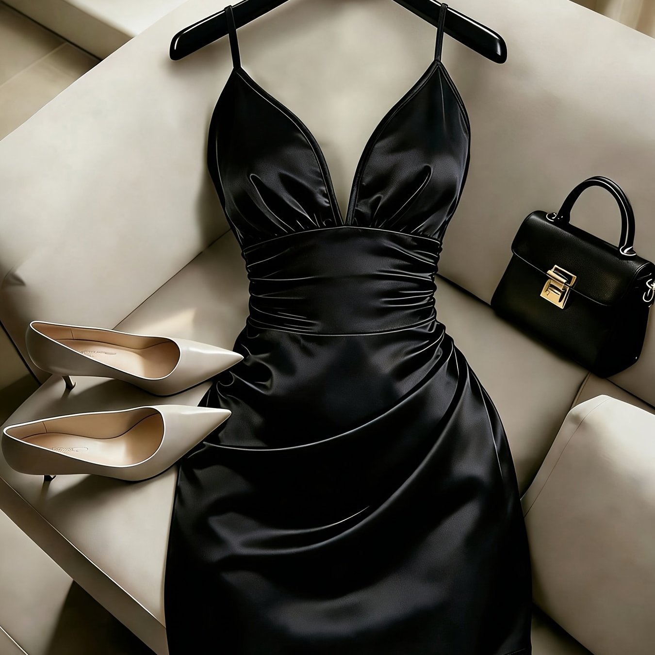 TEMU ( Glossy Fabric) Sexy Suspender Dress Deep V-neck Pleated Hip Wrap Skirt Black Pure Desire Style Short Skirt Sexy Off-shoulder Hip Wrap Short