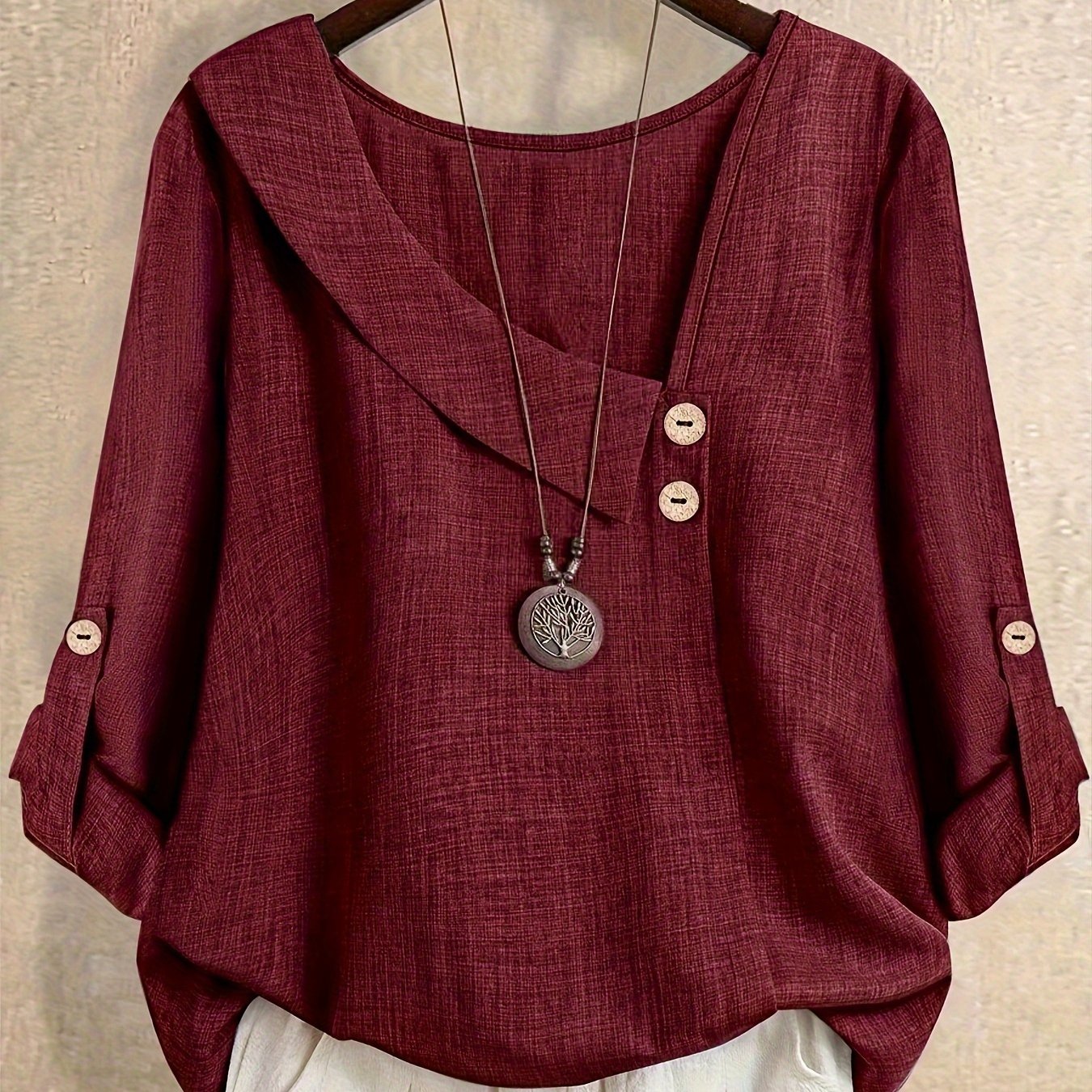 Plus Size - Plus Size - Women's Plus Size Spring/autumn Solid Shirt, Asymmetrical Lapel Long Sleeve Button Cuff Blouse