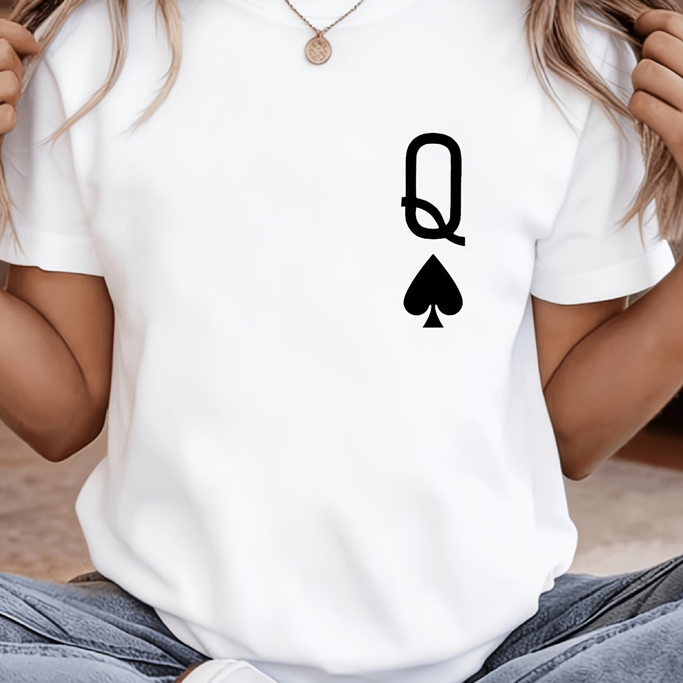 TEMU American-style Minimalist Spade Queen T-shirt For Women, Poker , White Crew Neck, Style, Versatile Casual Top