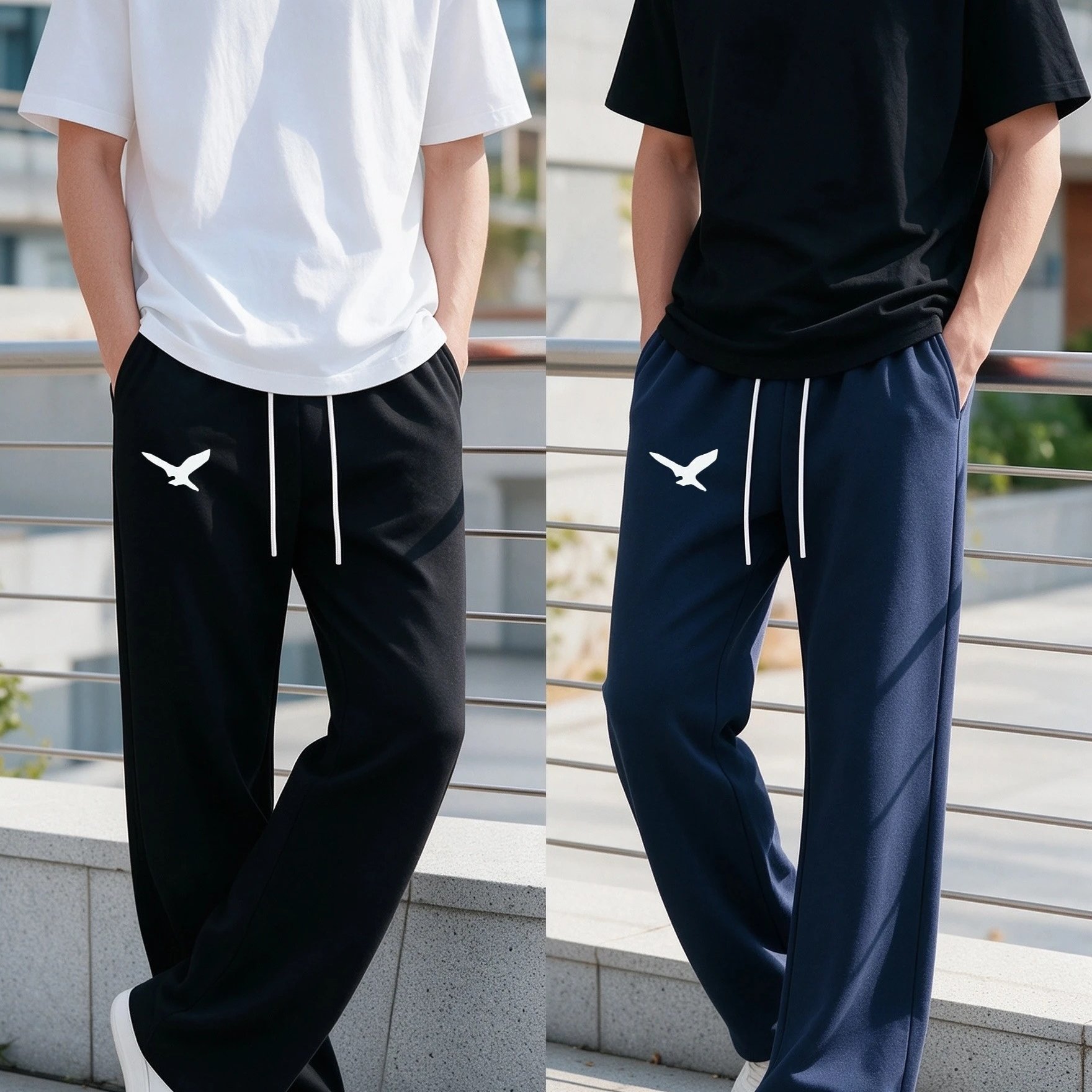 TEMU 2pcs Men's Eagle Print Wide Leg Sweatpants, Casual Loose Drawstring Waist Trousers, Comfortable Sports Pants For Daily & Streetwear