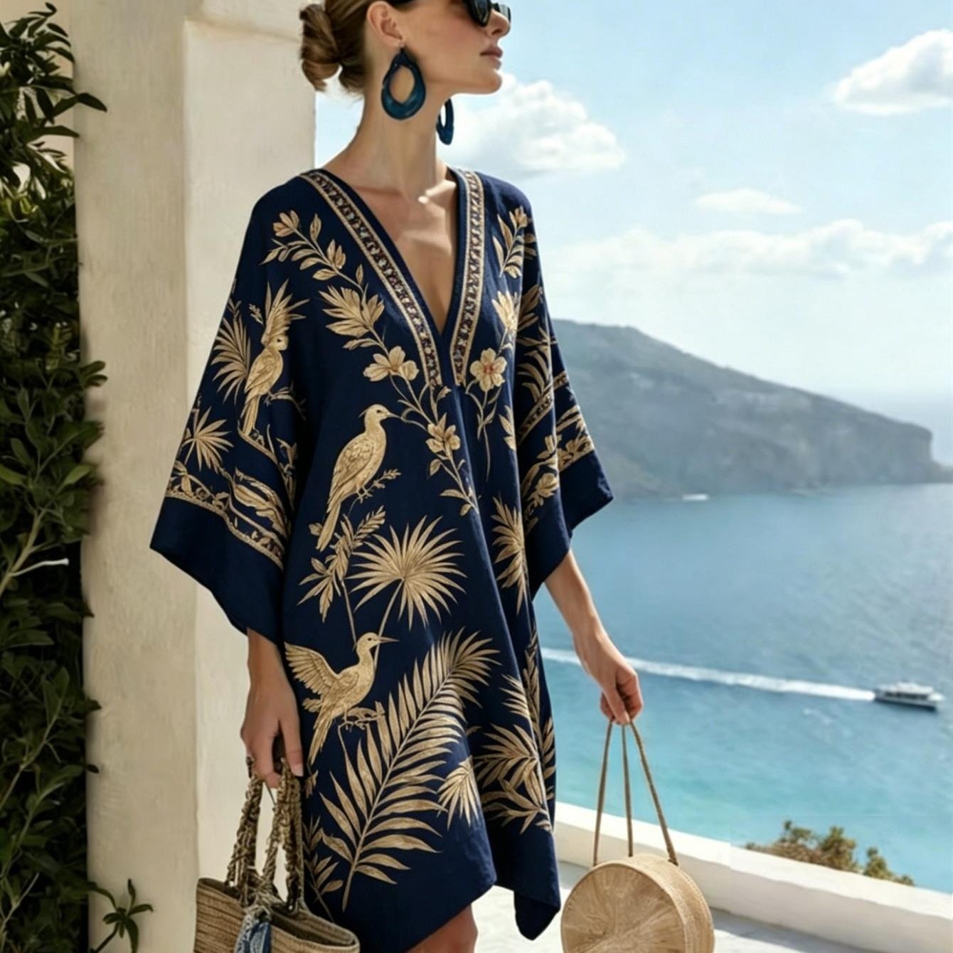 Plus Size Women's Navy Palm Print Kaftan Dress, Tunic For Elevated Island Photo Styling