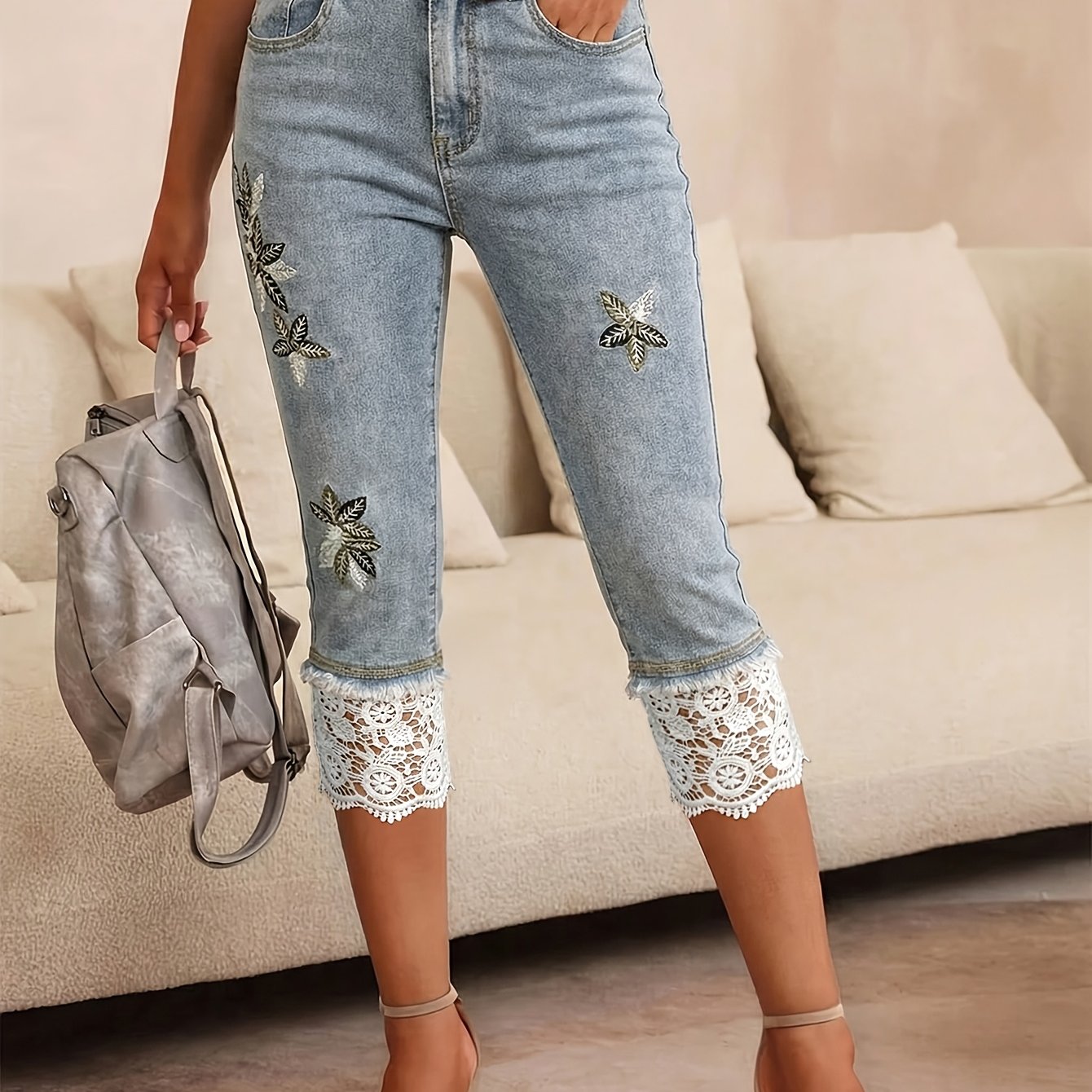TEMU Women's High-waisted Embroidered Lace-trimmed Denim Capri Pants, Light Blue, Retro Sweet And , Slim Fit, Versatile For Casual Attire, Commuting,