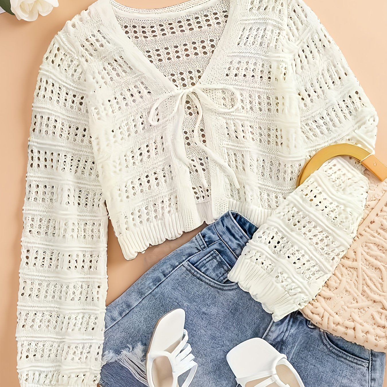 /summer/autumn Patterned Open-front Cardigan, Casual Drawstring Beach Versatile Cover-up Top