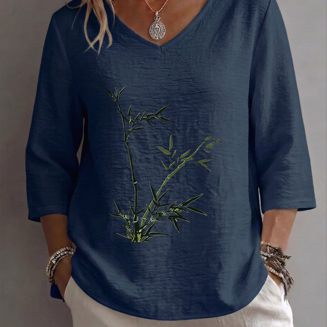 TEMU Spring/summer Elegant Casual Women's Top, Chinese Style Bamboo And Print, Loose V-neck Three-quarter Sleeve Dress