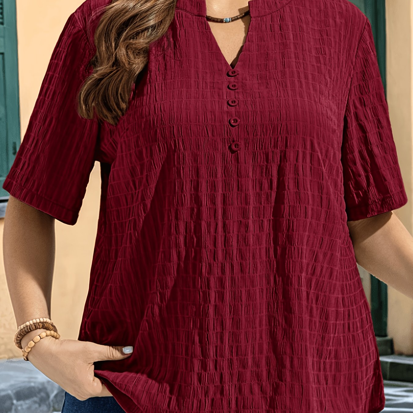 TEMU Haut grande taille à manches courtes pour femmes, petit col montant, col en V, découpes, demi-boutonnage, ample, épaules dénudées, chemise