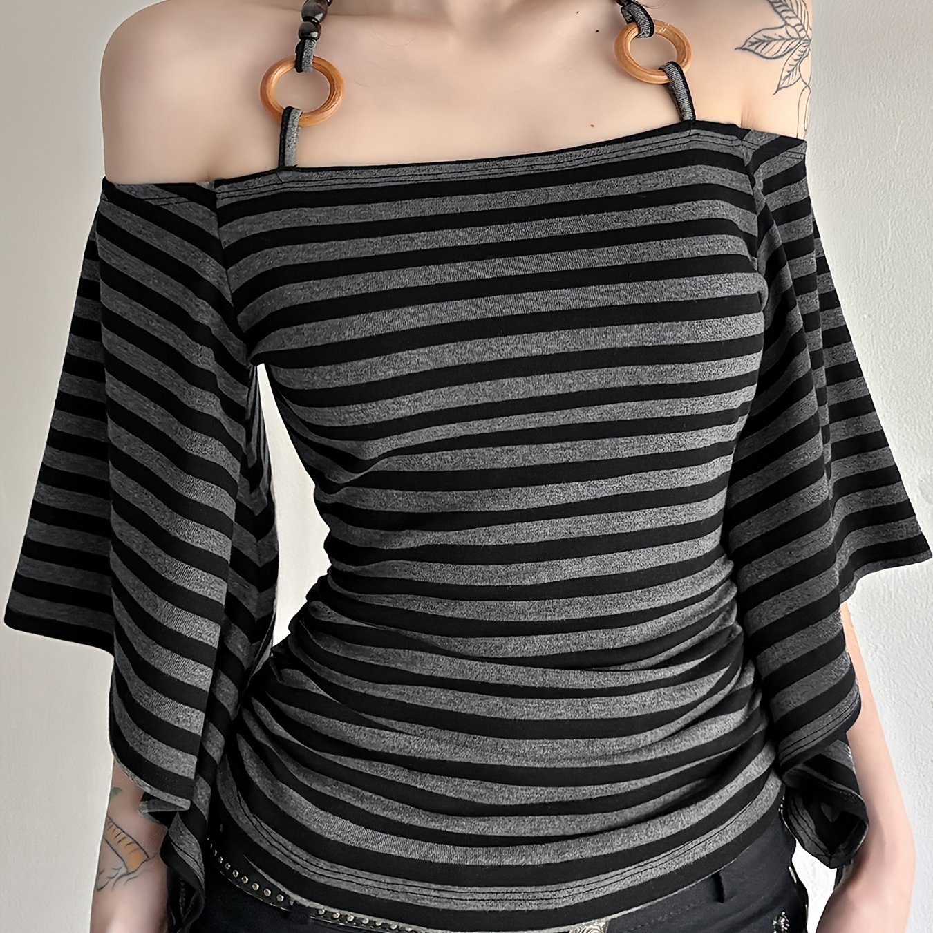 TEMU Iaey Striped Beaded Halter Neck T-shirt With An Open Back, Batwing Sleeves, Y2k Vintage Grunge Fitted Short Sleeve Tee For Summer, Specifically