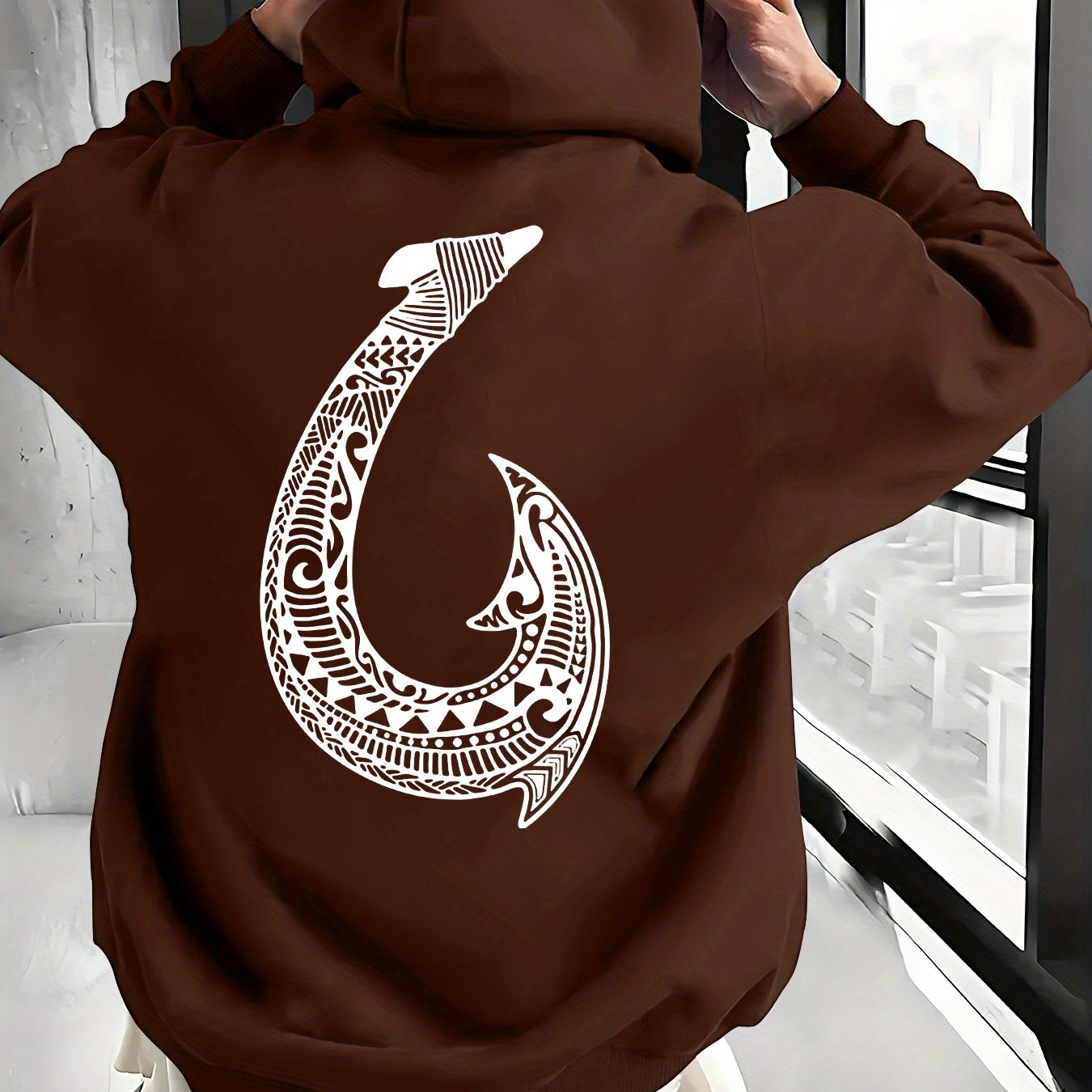 TEMU Men's Streetwear Brand High-definition Maori Totem Fish Hook Pattern Back Print Hooded Sweatshirt, Street Hip-hop Style Loose Fit Oversized Drop