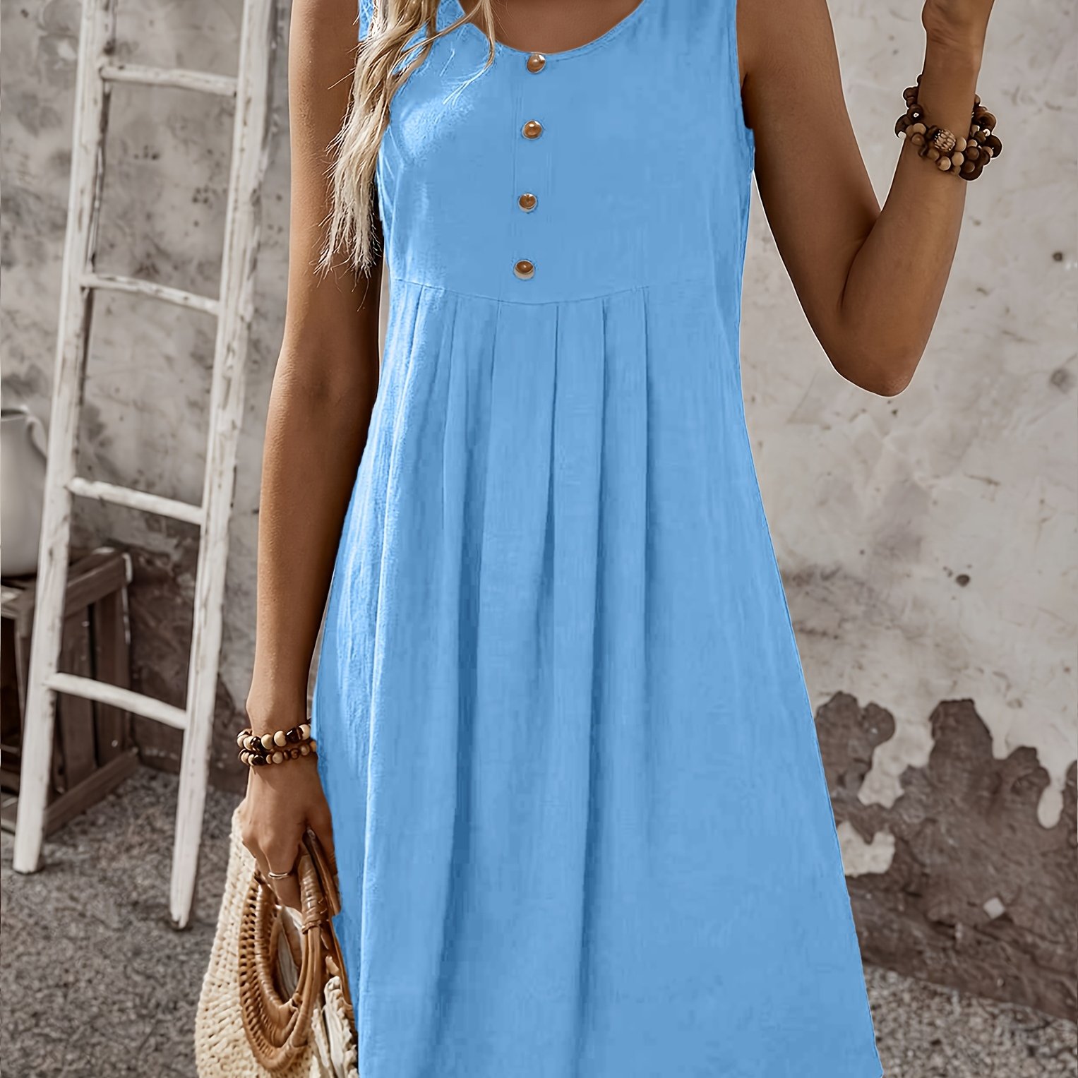 TEMU Summer Women's Vest Dress Fashion Comfortable Sexy Vacation Essential Pleated Skirt Button-up Short Skirt