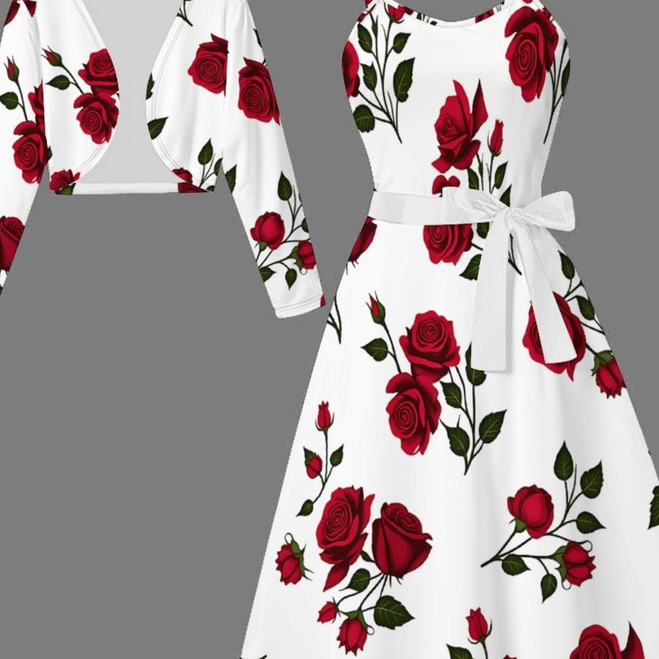 TEMU Directional Dyeing 's Numbered Set - Floral Tree Pattern Print Fashionable Vacation Elegant Casual Half-body Coat   Dress Set. Suitable For