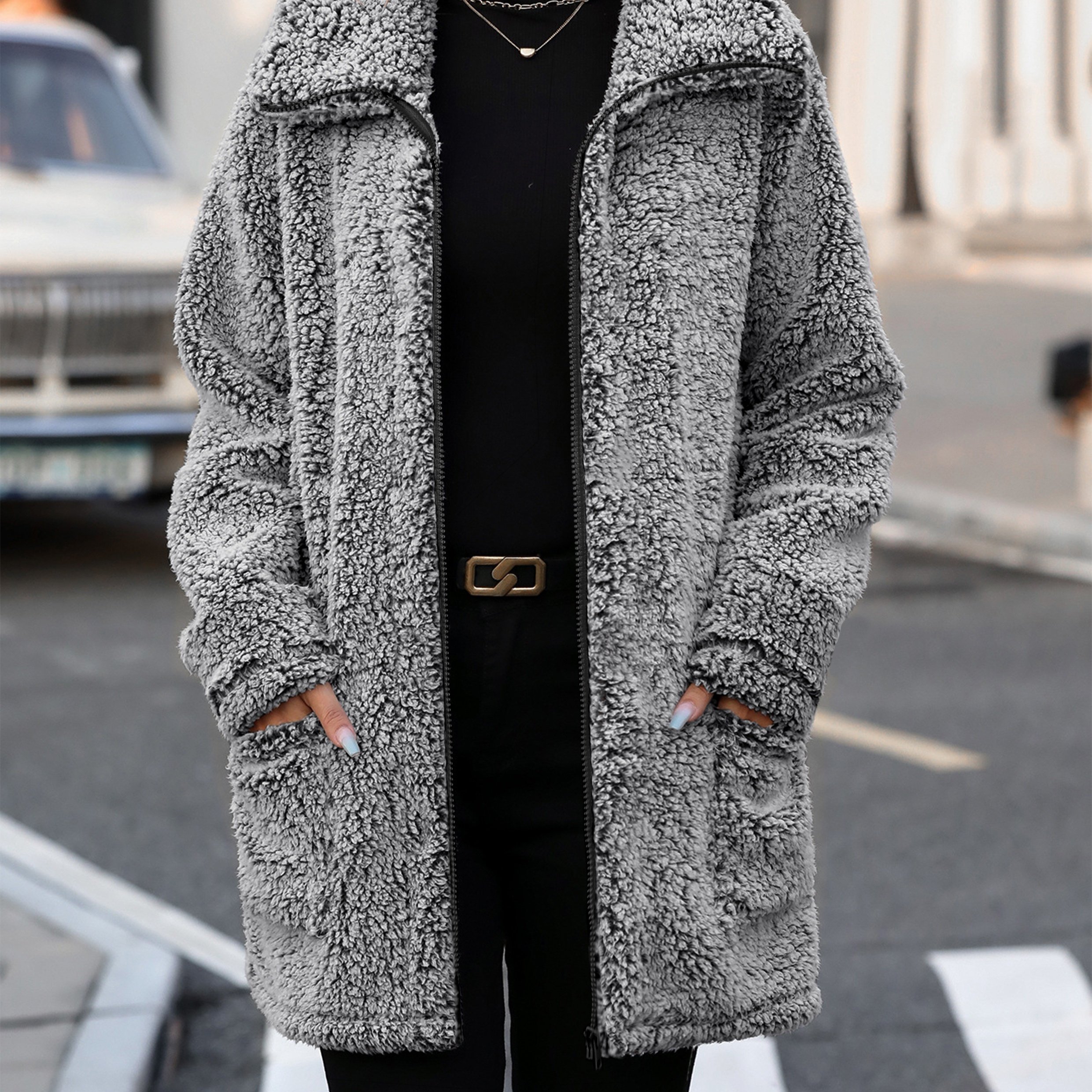 Image of Plus Size, Ladies' Plus Size Elegant Plush Thickened Coat With Pockets And Zipper, Suitable For Autumn And Winter Wear