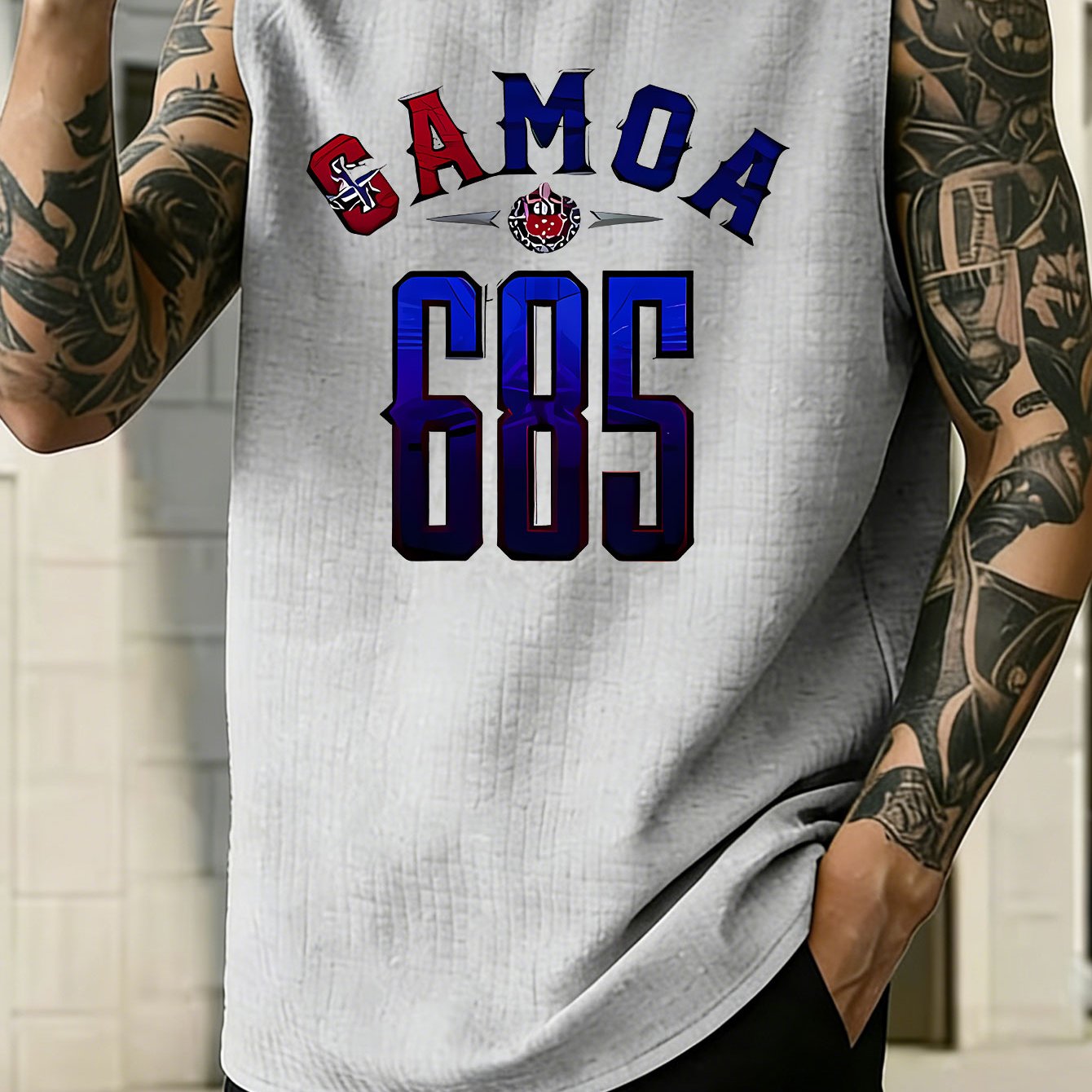 TEMU Samoa 685 Tribal Print, Hardcore Retro Jersey Feel, Must-have Street Style Pattern Print Sleeveless Vest - Breathable Knitted Waffle Fabric,
