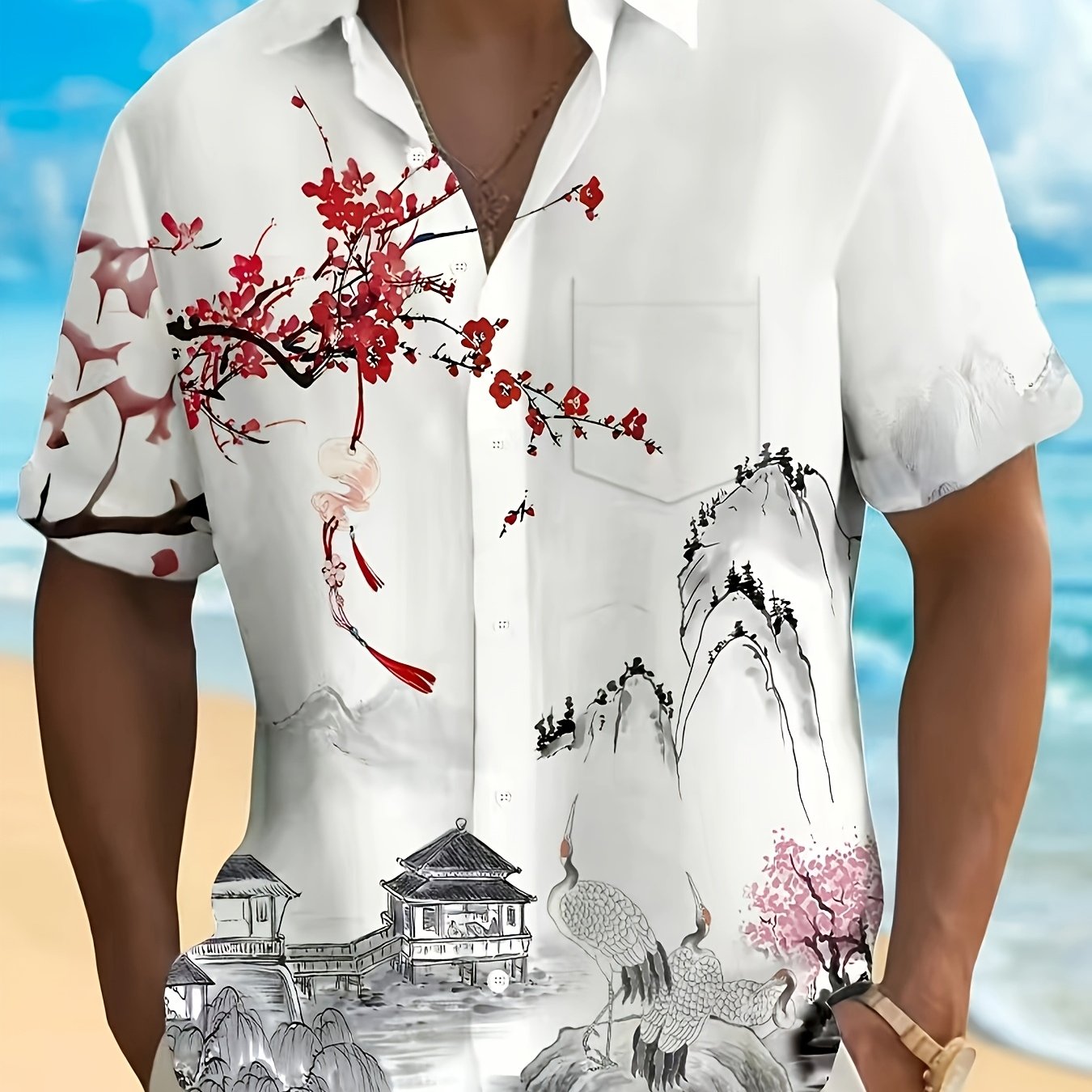 TEMU [Tissu Respirant] Chemise à Manches Courtes Imprimée Peinture à l'Encre pour Homme - Design d' Traditionnel, Fibre de Polyester Légère, pour les