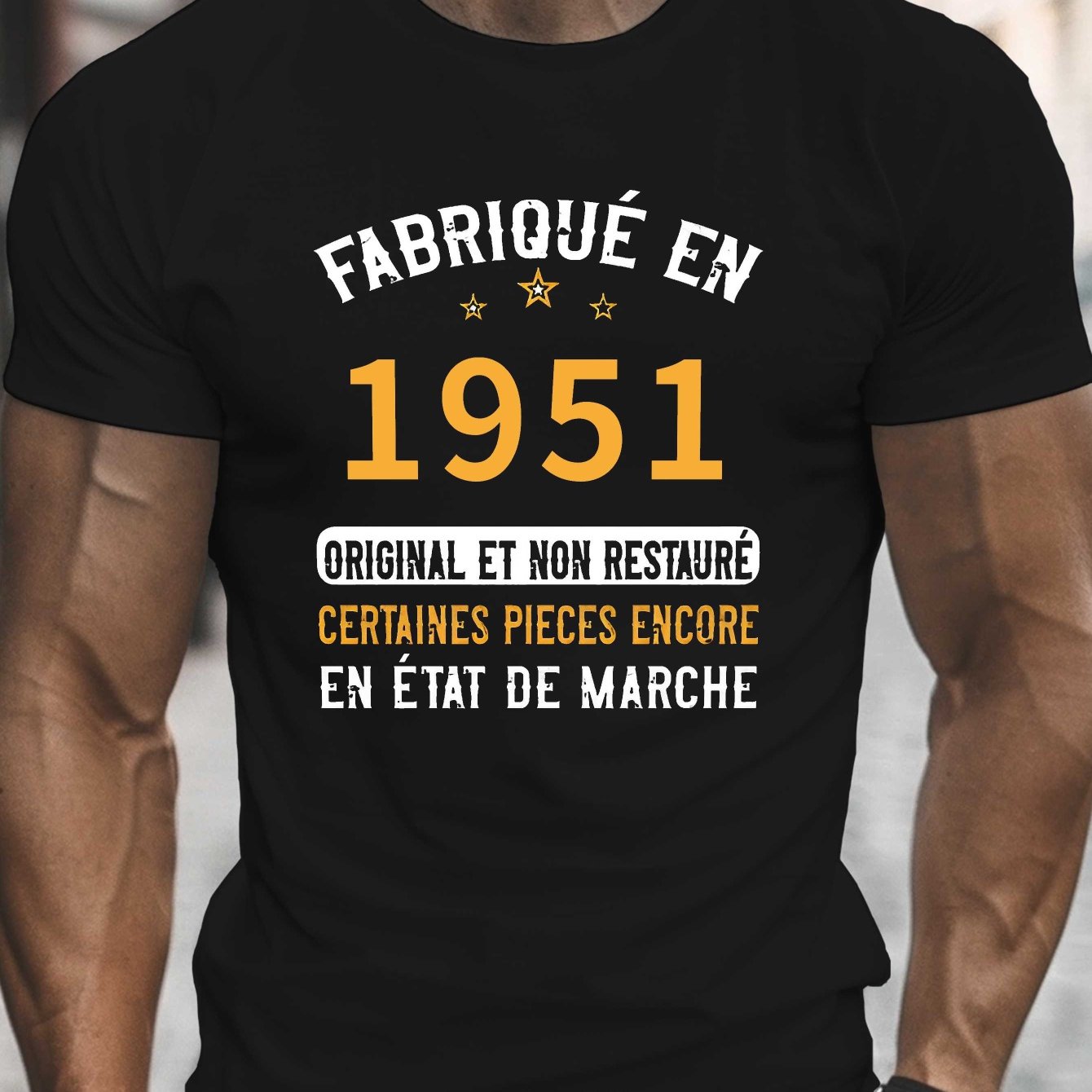 TEMU T-shirt de humour français "FABRIQUE EN 1951" pour homme - Col rond décontracté, manches courtes, haut d'été léger avec impression bleue et