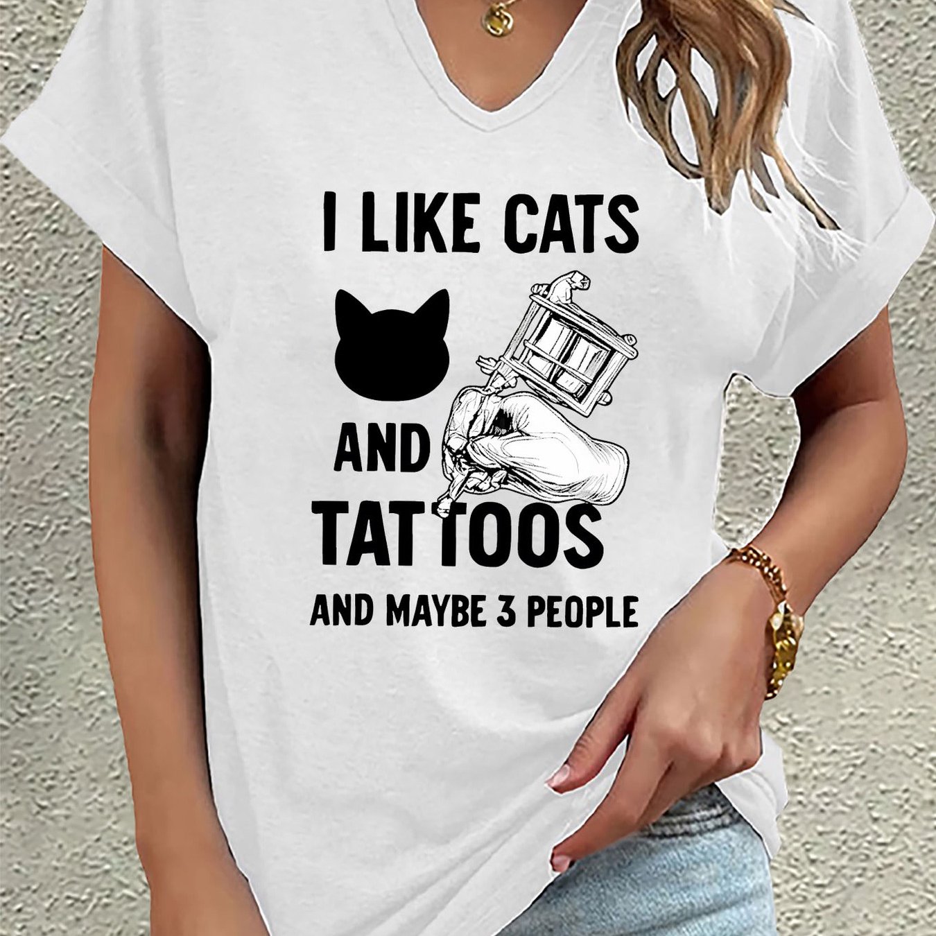 TEMU I Like Cats And Tattoos And 3 People Print T-shirt Short Sleeve V Neck Casual Top For Summer, Fashion Women's Clothing