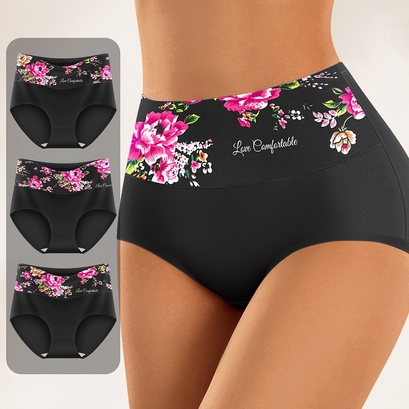 3pcs Solid Color Women's Panties With Floral Print And Wide Waistband Design Full Coverage Brief