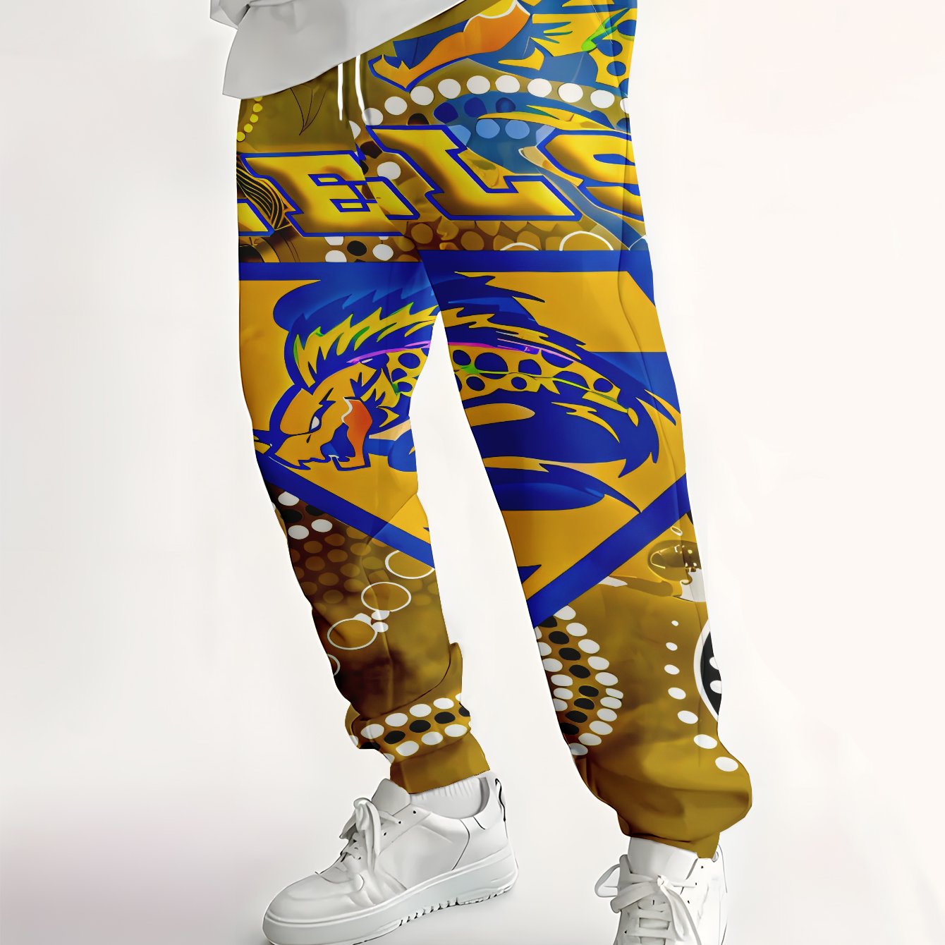 TEMU Men's Trendy Streetwear Casual Trousers In Yellow And Blue With Eel And "eels" Text On Fabric - Full Of Street Style And Artistic Print Design,