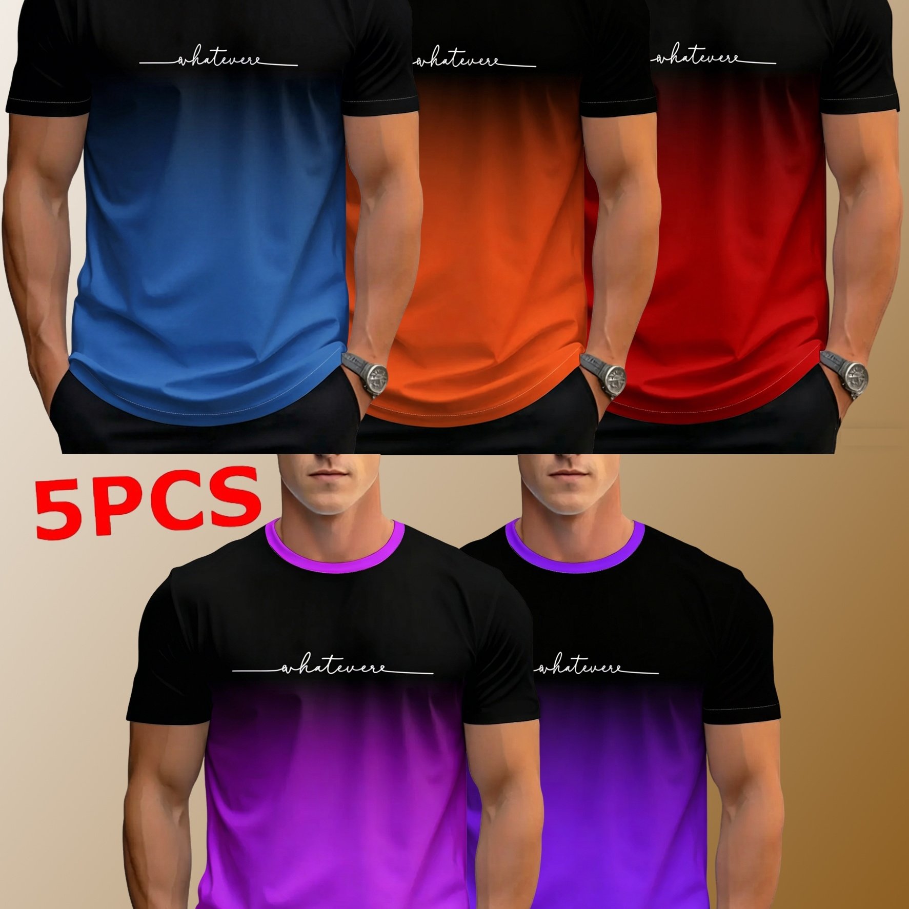 TEMU 5pcs Men's Short Sleeve T-shirts With 3d , Daily Gradient Text Pattern, Suitable For All Adult Men And Teen Boys